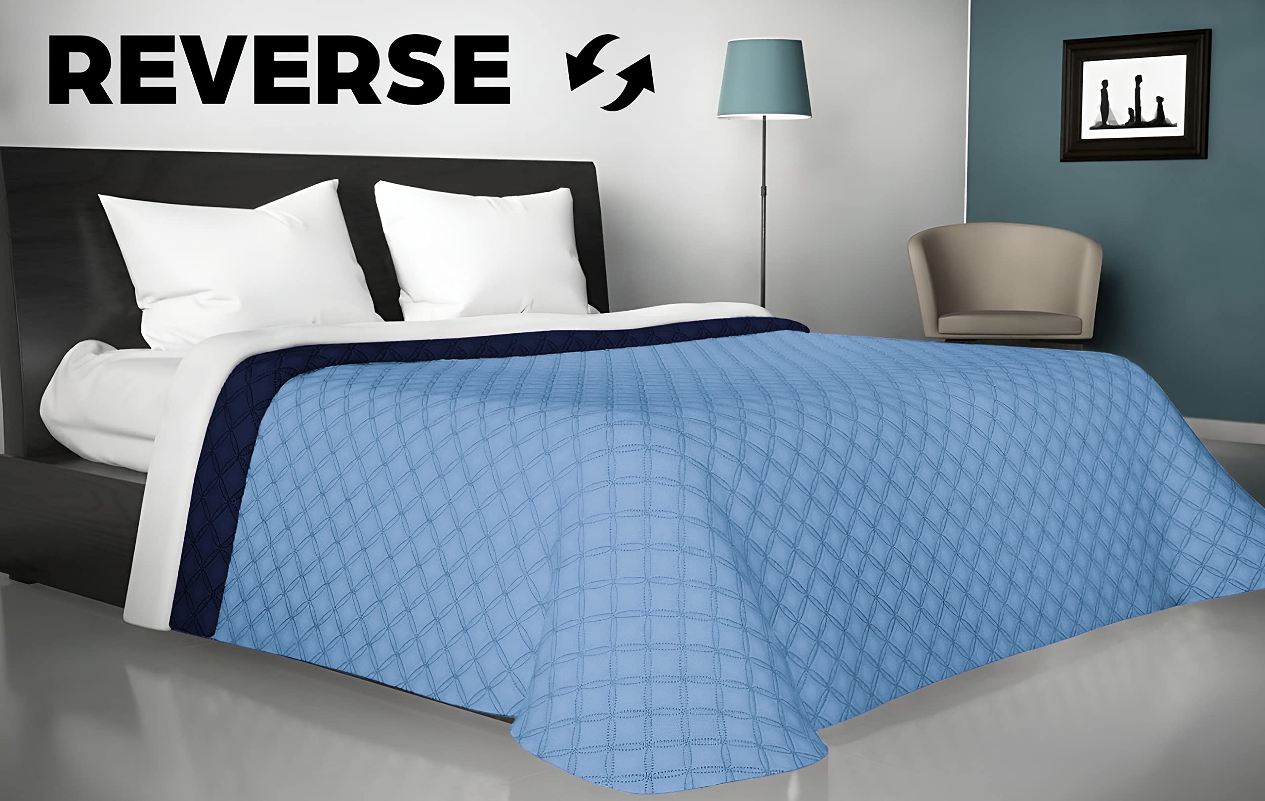 Viterbo Biancheria - Copriletto Matrimoniale Estivo e Primaverile Leggero, Trapunta Estiva Matrimoniale Double Face, Trapuntino 250x250cm Made in Italy (Matrimoniale (881), Blu/Celeste)