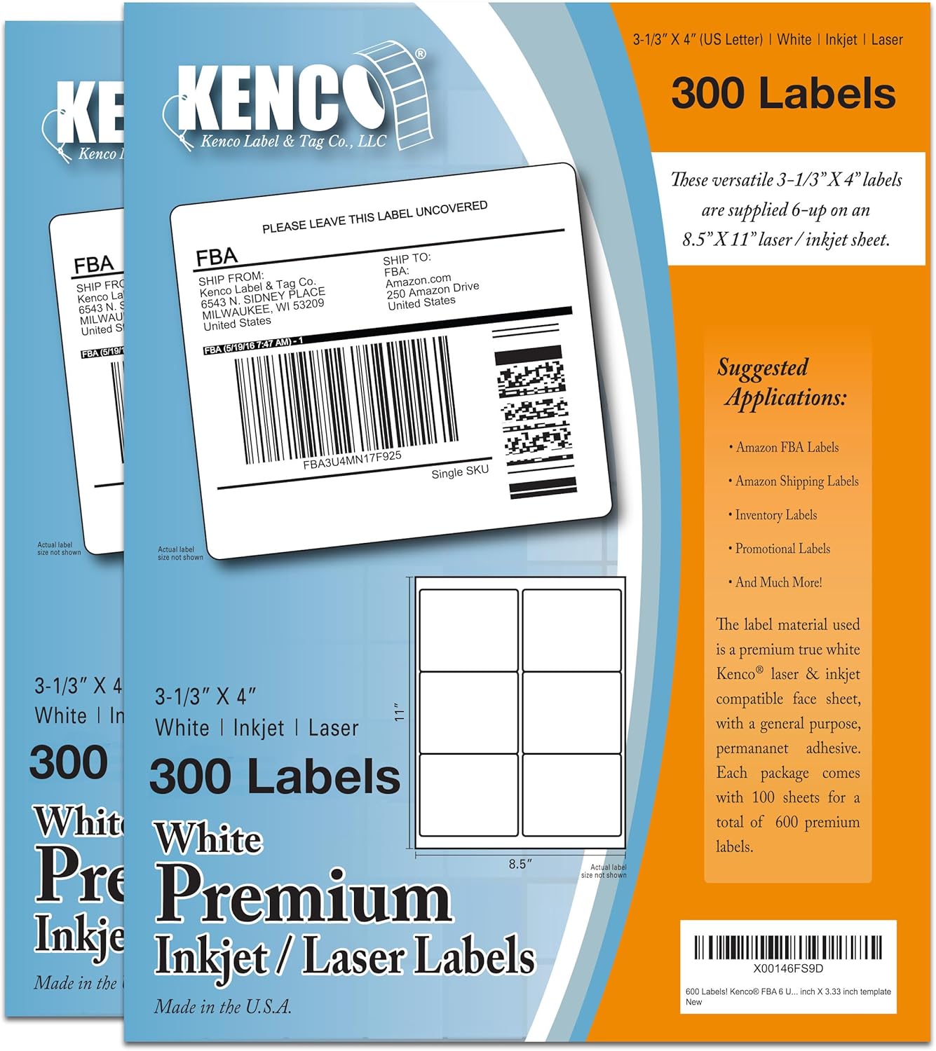 Kenco Premium White Address Shipping UPC Laser/Inkjet Labels Made in The USA (4" X 3.33" 150000 Labels)