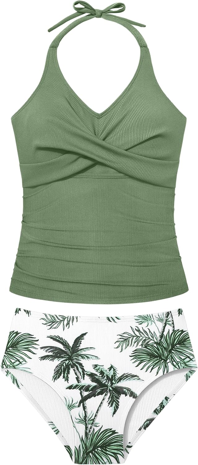 Girls Swimsuits 2 Piece Halterneck Bathing Suit Criss Cross Ruched Printed Tankini Swimwear Set for 9-16 Years