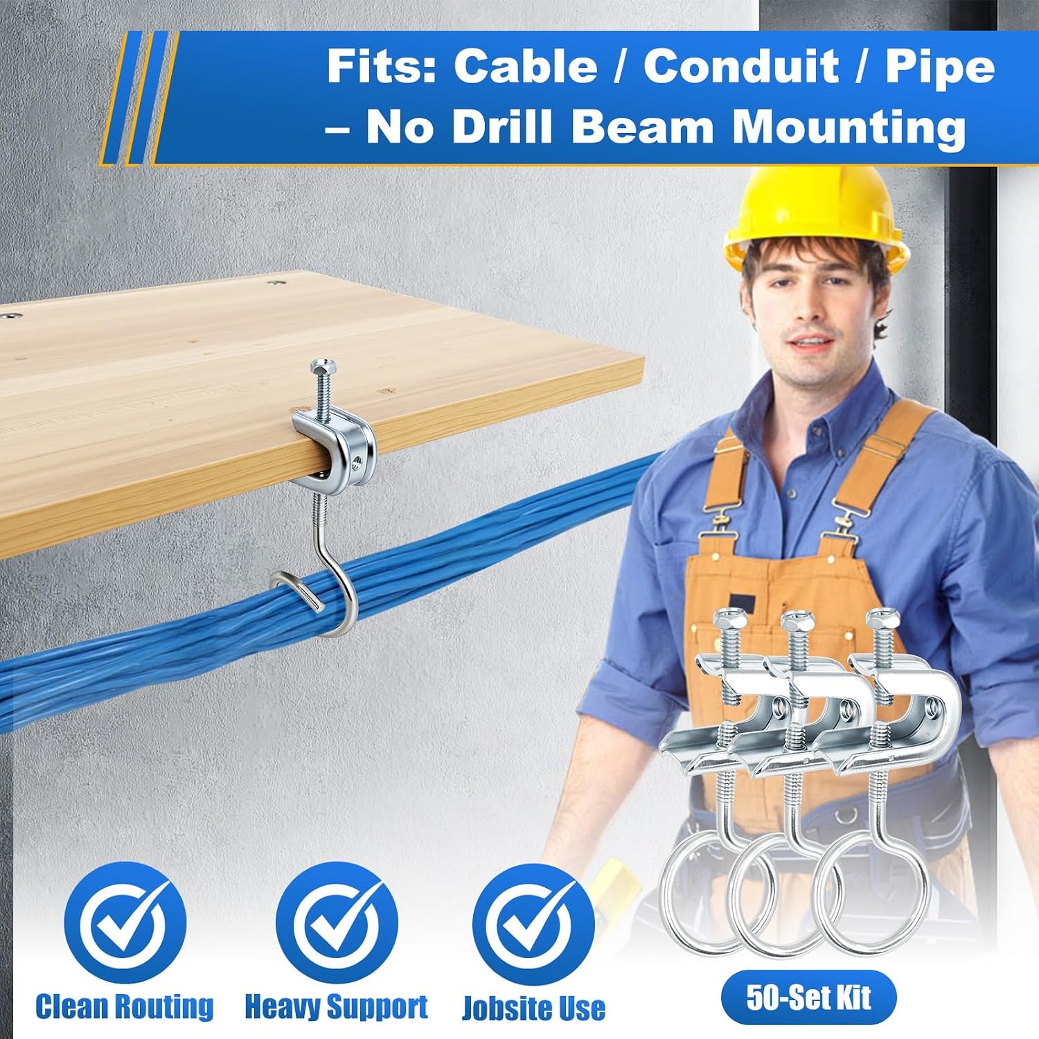 1/4"-20 Beam Clamps Small C Clamps with Screws + 1-1/4" Bridle Rings, 50 Sets Steel Cable Support Hangers for I-Beam Flange, Low Voltage Wire & Pipe Hanging, No-Drill Cable Management, Up to 75 lb