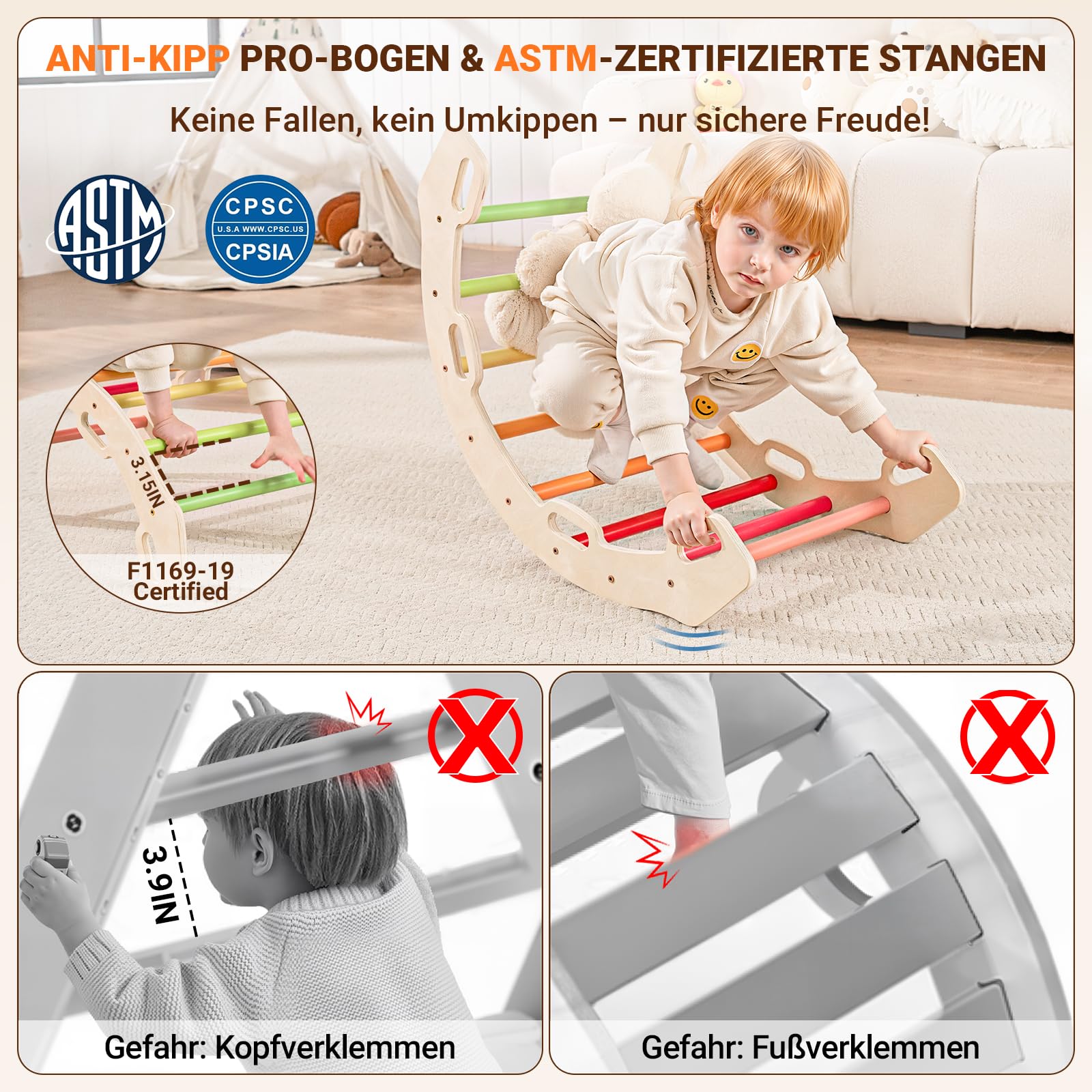 COSYLAND Klettergerüst Indoor L - Montessori Indoor Spielset mit Kletterbogen & Rutsche -8-in-1 Massivholz-Spielplatz - Kletterbogen ab 1 Jahr - Warmfarben