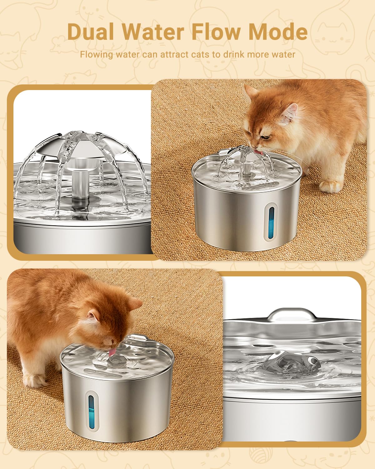 Cat Water Fountain Stainless Steel - 74oz/2.2L Pet Gift Dog Water Dispenser Automatic Silent Cats Dispenser for Drinking Indoor Metal Kitty Spout Fountains with 3 Filters & 3 Sponges Cat Dogs Gifts - 3