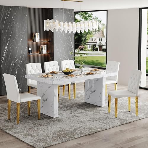 Miniatura 12 de Juego de mesa de comedor moderno para 6, juego de mesa de comedor blanco de 63 pulgadas para 6, tablero de mesa de cocina MDF con patrón de mármol y