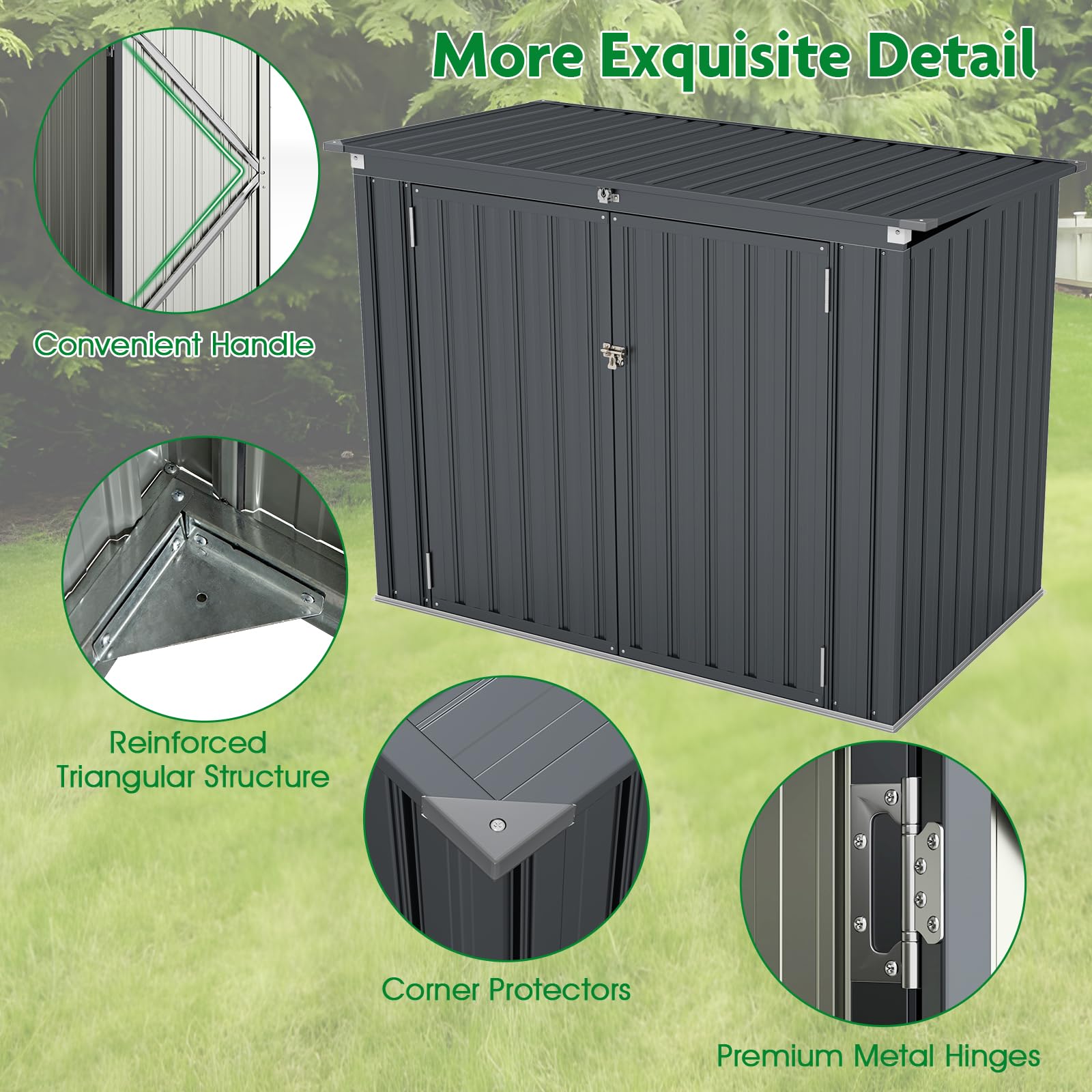 HOMASIS Mülltonnenbox für 2 Mülltonnen, 1,5 m² Gerätehaus Metall, wetterfest Geräteschuppen mit Doppeltür & Klappdeckel, abschließbar Gartenbox Müllbox dunkelgrau, inkl. 2 Handschuhen, 172x101x130cm