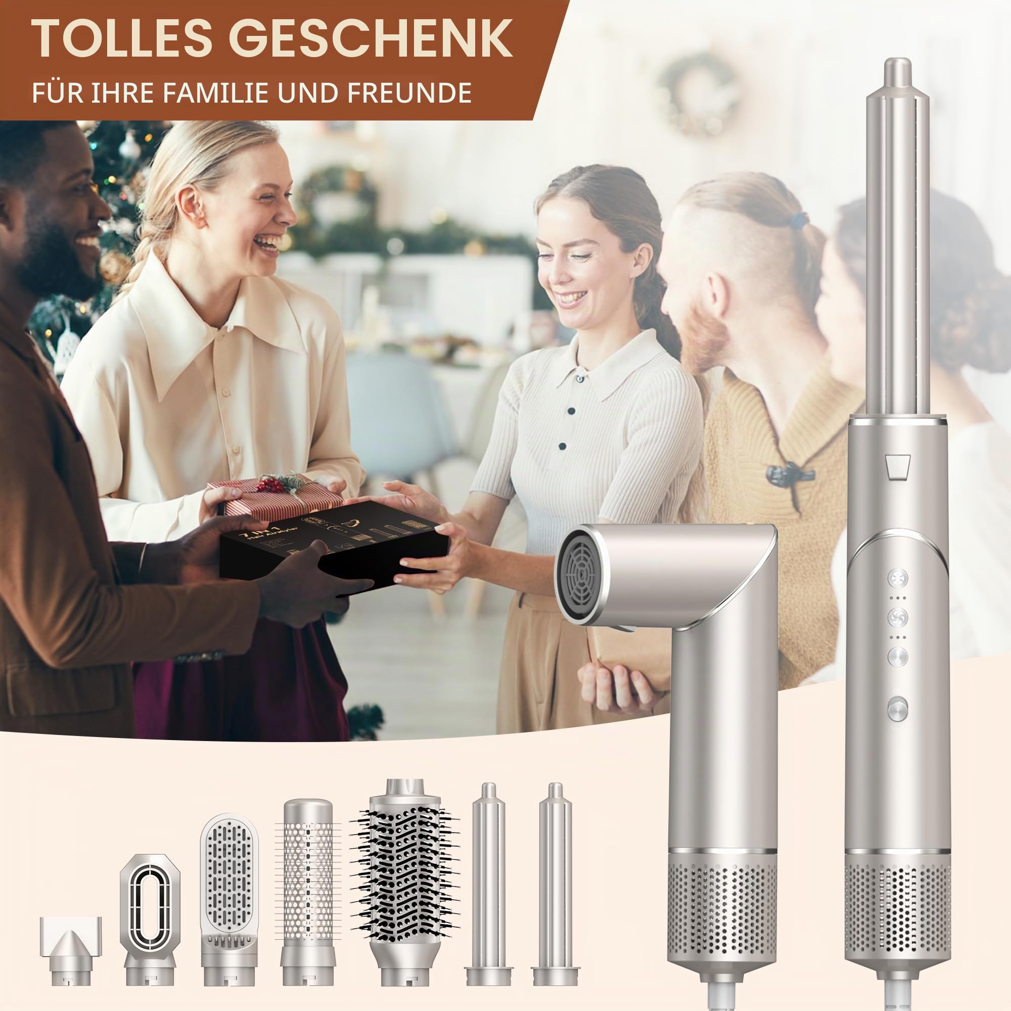 UKLISS 7 in 1 Hairstyler Pro Airstyler Ionen Föhn High-speed Haartrockner Heißluft Lockenwickler Thermal Brush Haarglätterbürste Warmluftbürste Föhnbürste Stylingbürsten Hair Styler, Champagnergold