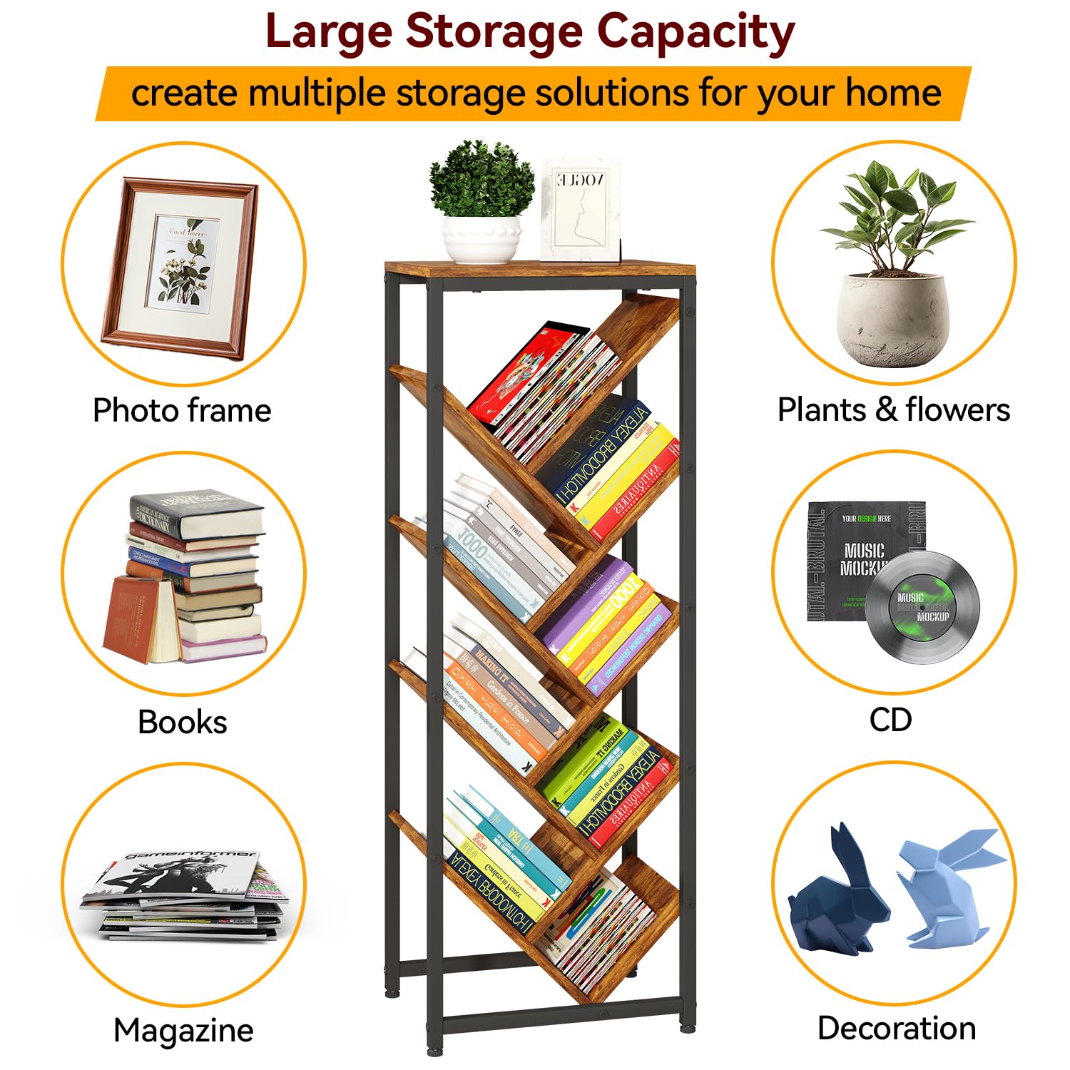 IBUYKE Estantería de Árbol de 9 Niveles,Librería Vertical,Marrón TBC002H | Estante de Pie para Libros Estanteria Esquinera para Dormitorio Salón Oficina en Casa