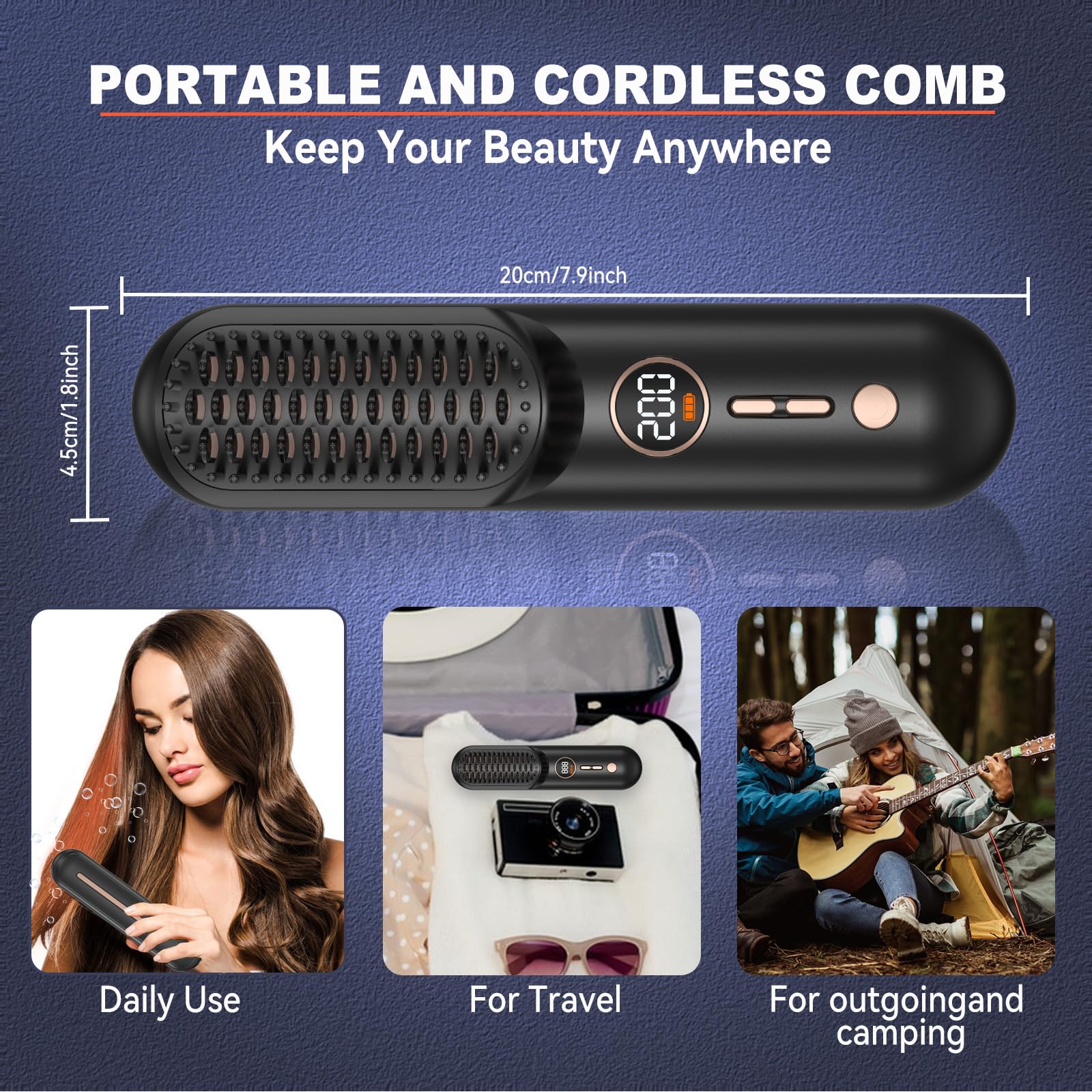 UKLISS Spazzola per capelli senza fili, mini spazzola lisciante senza fili portatile Pro aggiornata per i viaggi, pettine caldo a ioni negativi senza fili per le donne, 9000 mAh USB