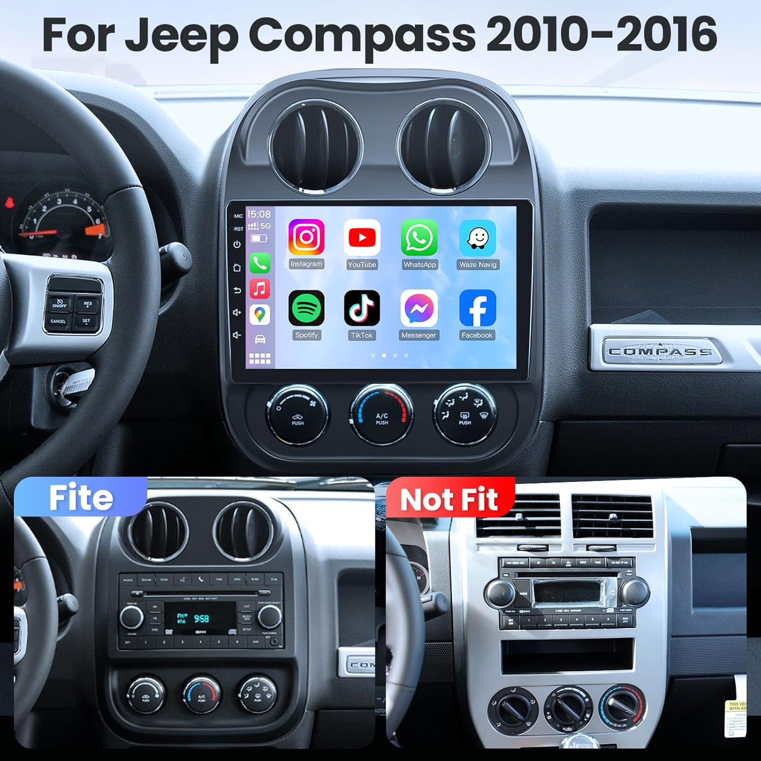 Car Radio Stereo for Jeep Patriot Compass 2010-2016: 10in 1280 * 800 IPS HD Touch Screen Replacement with Wireless CarPlay Android Auto GPS SWC Bluetooth WiFi FM Mirror Link AHD Backup Camera