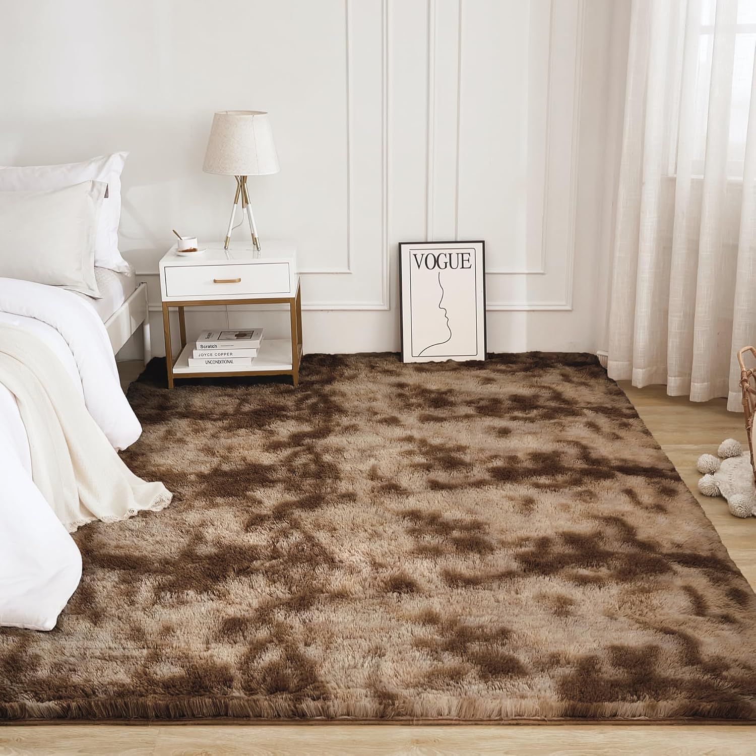 litanika 4x6 shag area rug for living room bedroom, tie-dyed brown high pile soft plush shaggy furry bedside playroom dorm carpet, non-slip, non-shedding modern indoor floor rug tie-dyed brown 4' x 6' (rectangular)