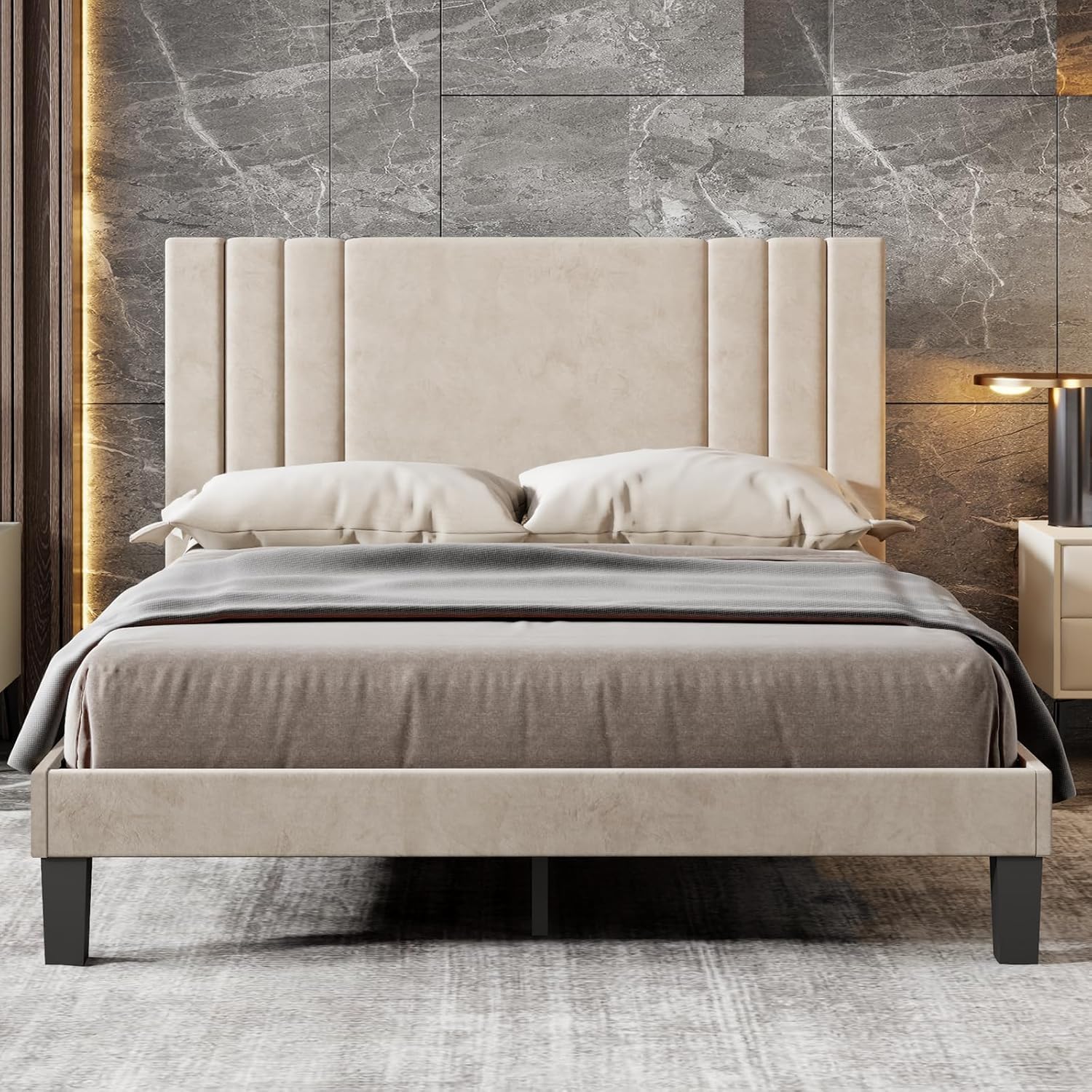 Queen Bed Frame with Headboard Upholstered Platform Bed Frame for Bedroom Wood Slat Support, No Box Spring Needed (Beige Velvet, Queen)