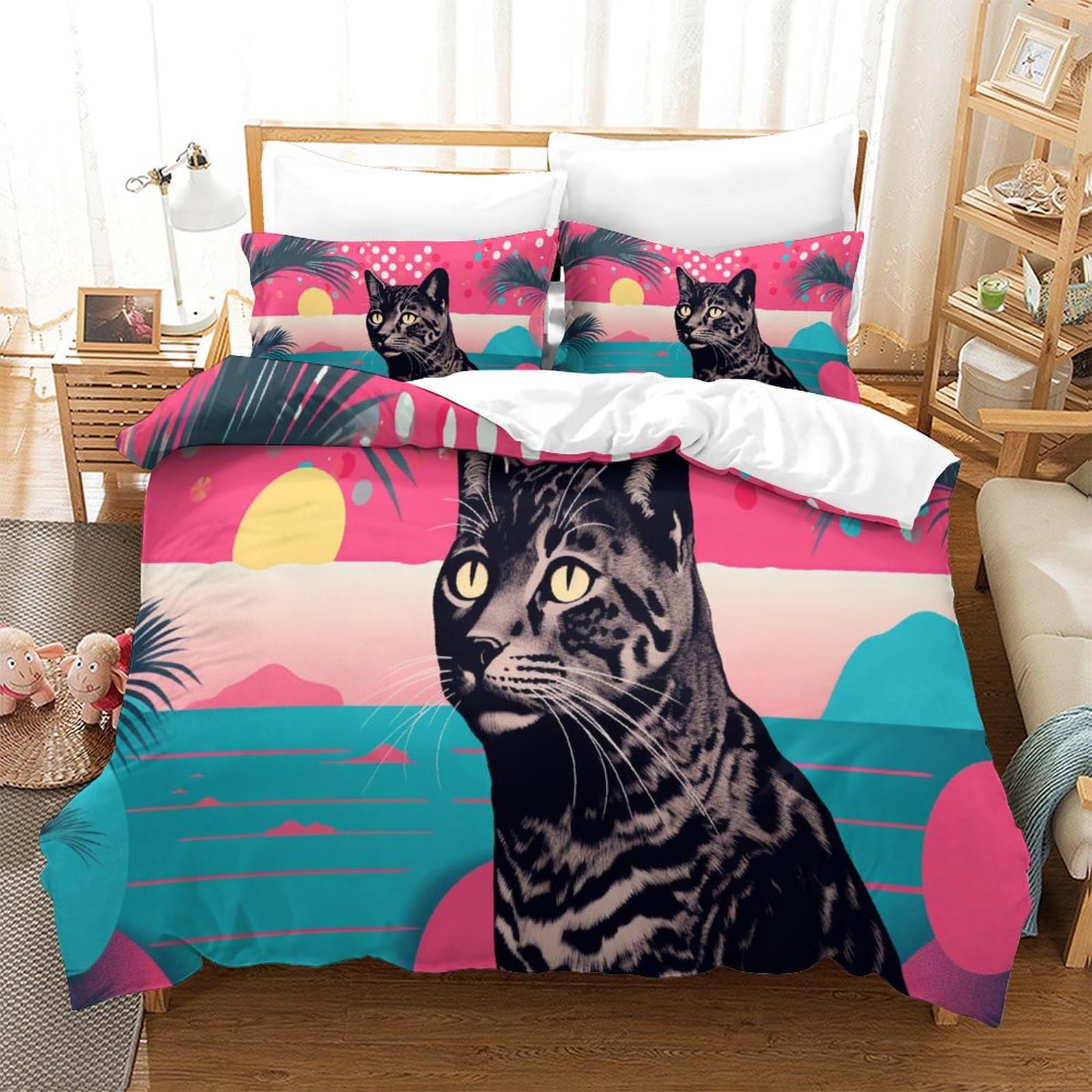 P1S9U7W5Y Trendy Cat Sunset 3D Printed Duvet Cover Set 3pcs Microfiber Cat Bedding Set Double