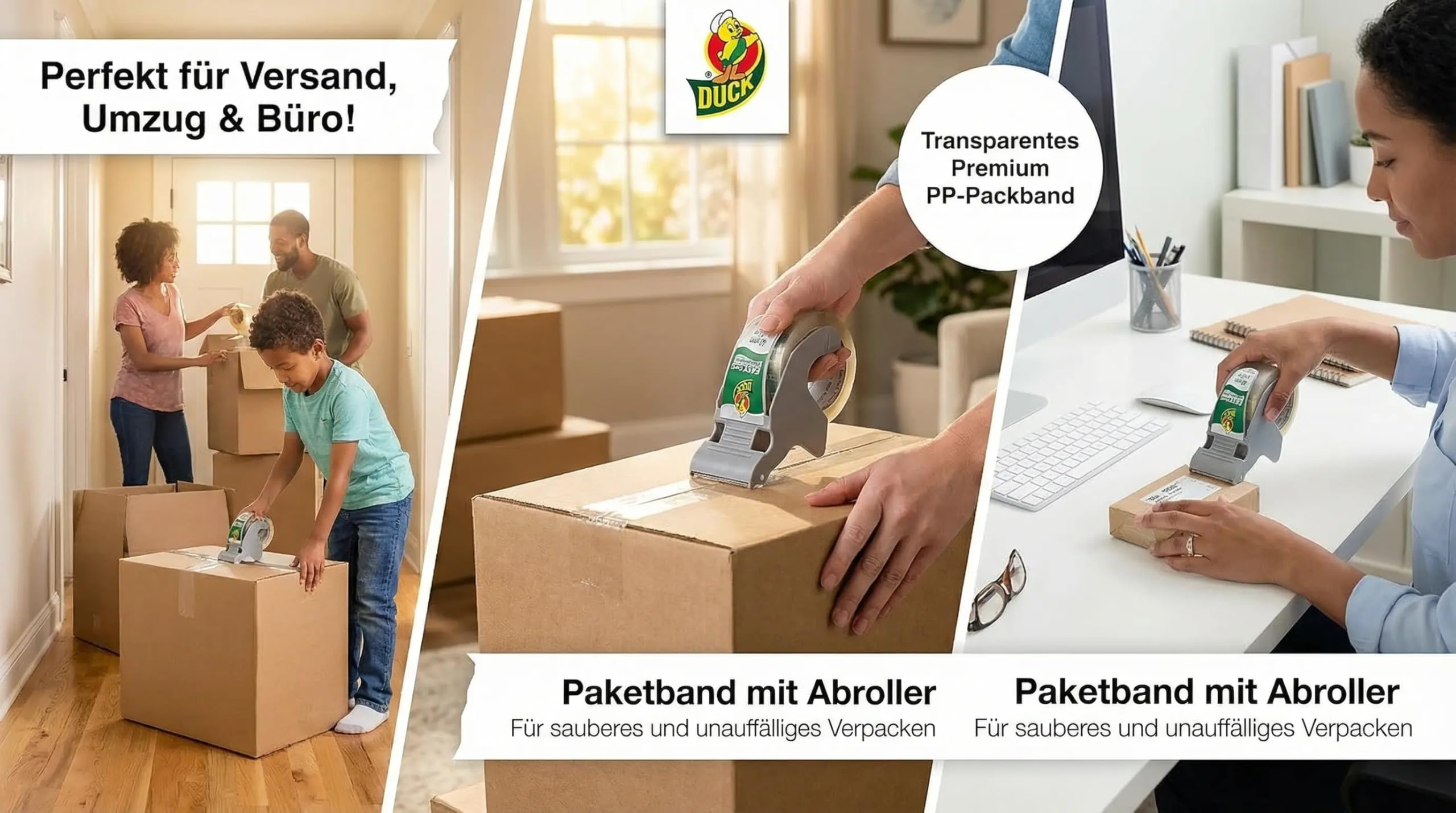 DUCK Easy Start taśma do pakowania – przezroczysta taśma klejąca do starannego, szybkiego pakowania jedną ręką – również do ciężkich kartonów – 48 mm x 45 m