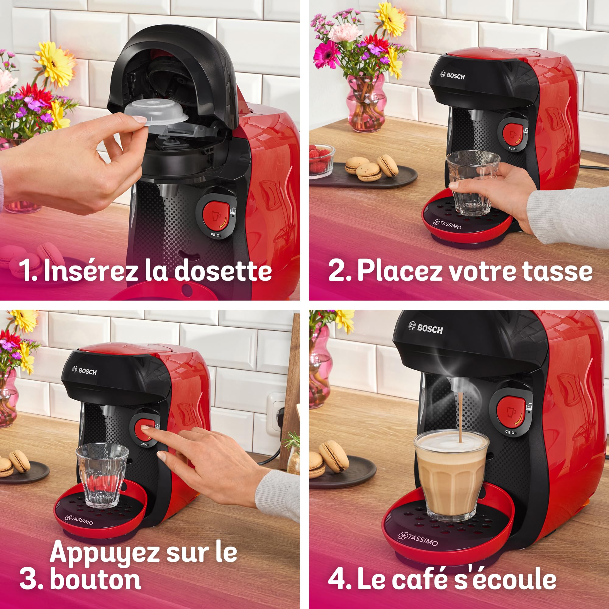 Bosch Machine à café multi-boissons Tassimo Happy friendly, TAS103E, plus de 70 boissons chaudes, OneTouch, cafétière à dosettes, Intellibrew, rouge