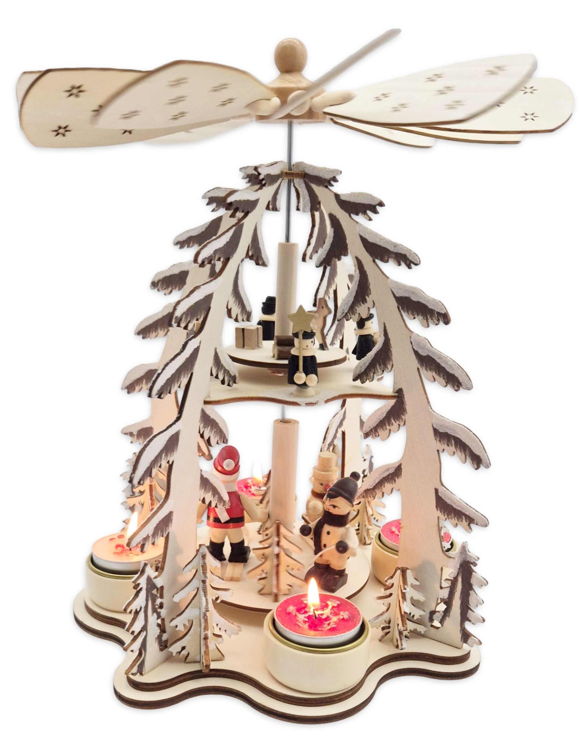 Wichtelstube-Kollektion XL Weihnachtspyramide Skifahrer und Sternensinger, Pyramide für Teelichter Weihnachten Weihnachtsdeko Holz mehrere Ebenen 30cm groß