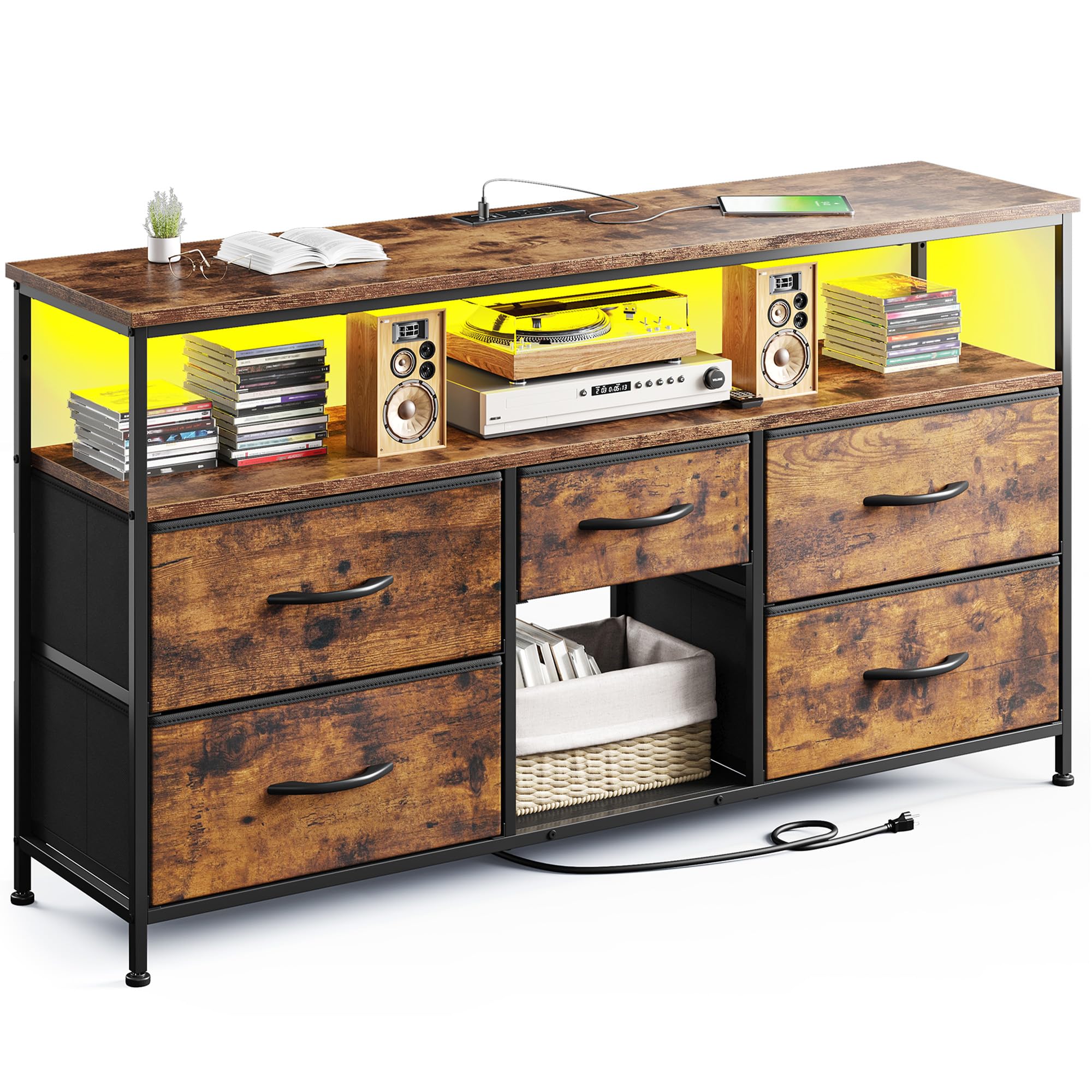 TV Stand Dresser with LED Lights & Power Outlets, Entertainment Center for 50