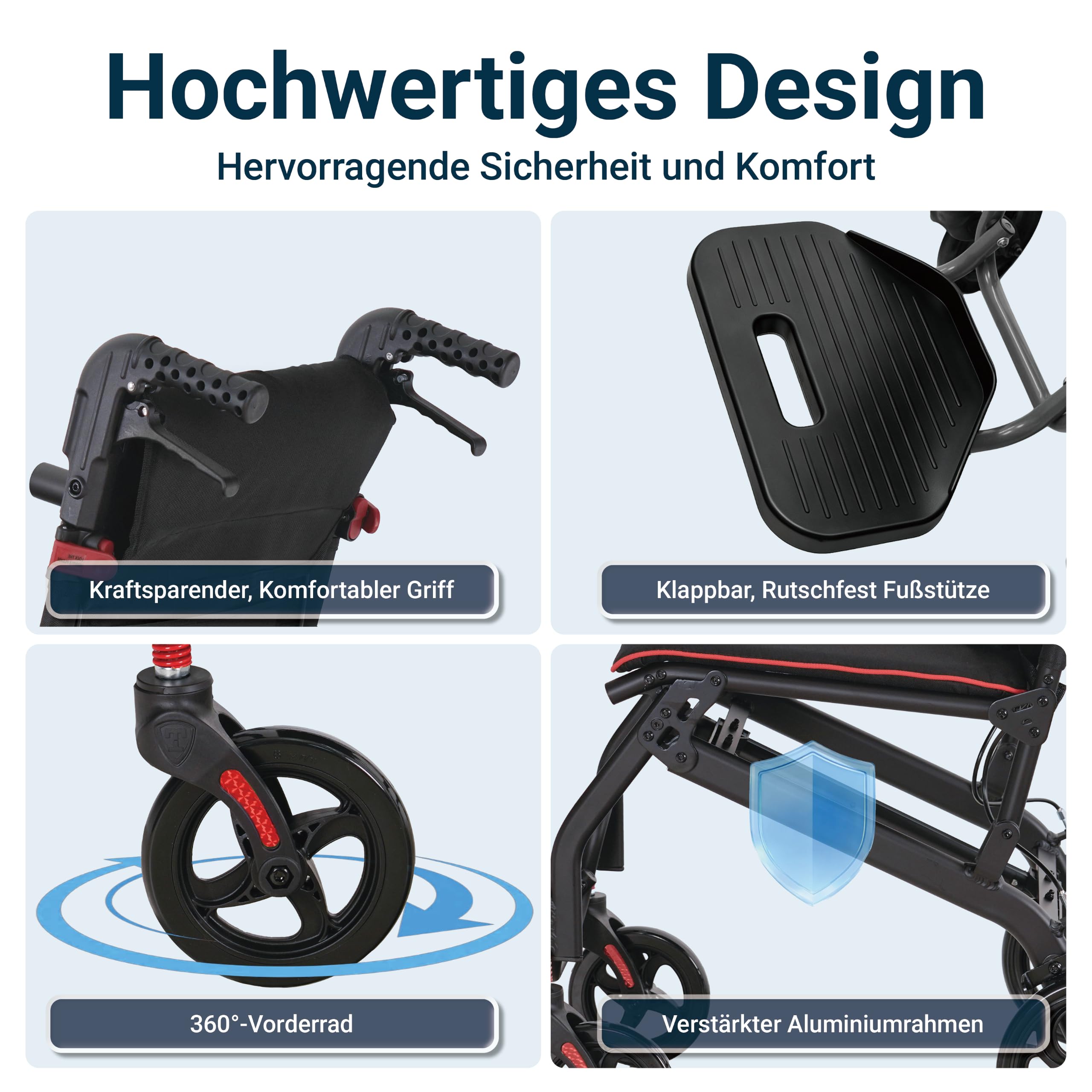 Rollstuhl Faltbar Leicht Reiserollstuhl bis 136 kg | Schmal Rollstühle Klappbar Aluminium mit Ausziehbarem Zuggriff Rutschfeste Fußstütze für Senioren Wohnung & Reisen