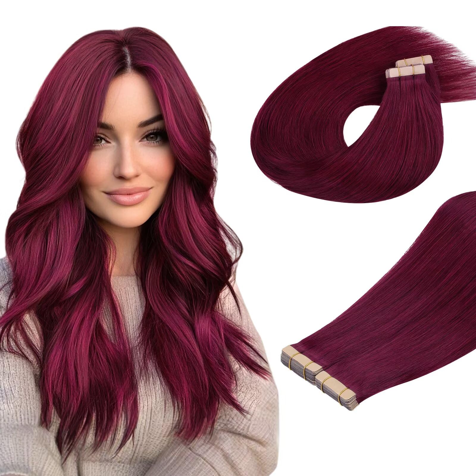 DOORES Human Hair Extensions Tape in, 26 Inch 120g 40pcs, Burgundy Tape in Extensions Human Hair Silky Straight Skin Weft Natural Hair Extensions Remy