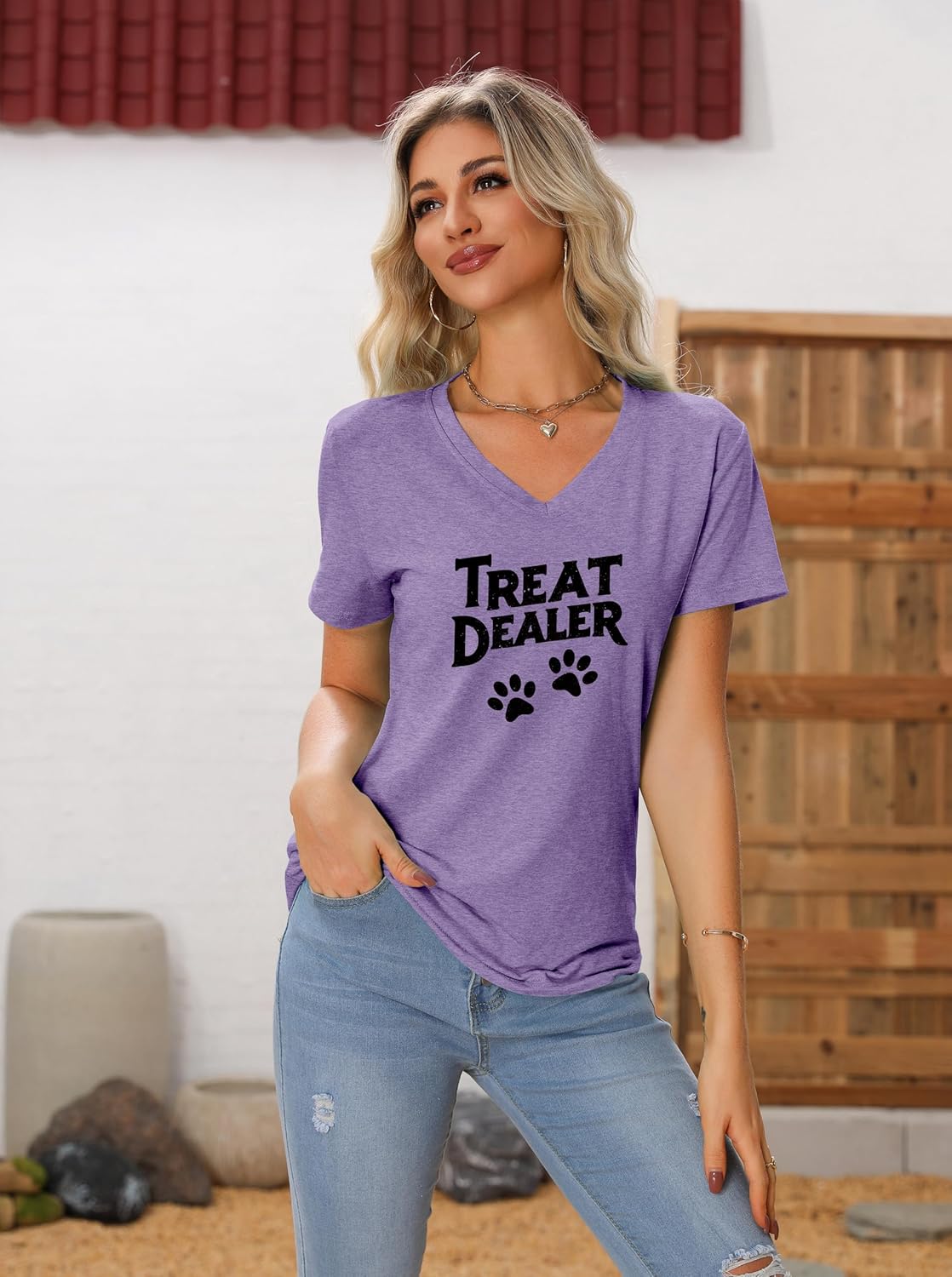 Treat Dealer T Shirt Women, V Neck Short Sleeve Tops Cute Dog Paw Print Graphic Tees Funny Humor Dog Owner Shirts - Image 3