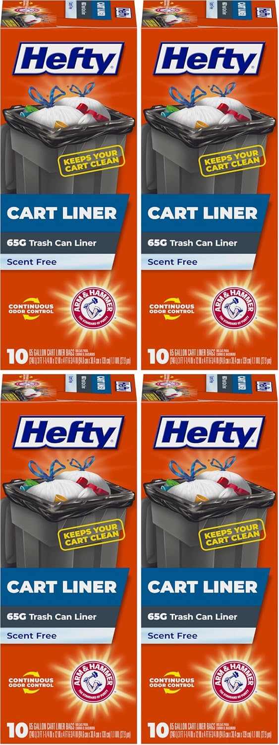 Hefty Cart Liner Trash Bags, 65 Gallon, 10 Bags (Scent Free, ARM & HAMMER Odor Control, Drawstring)