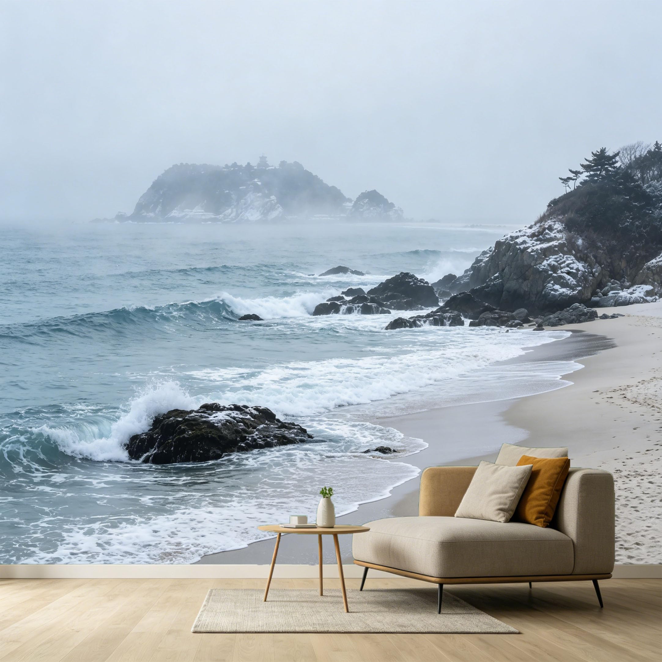 Custom Size Wall Murals Misty Coastal Landscape Winter Ocean Waves Rocky Shore Modern Contemporary SelfAdhesive Wall Fabric Removable Large Wallpaper for Photo Living Room