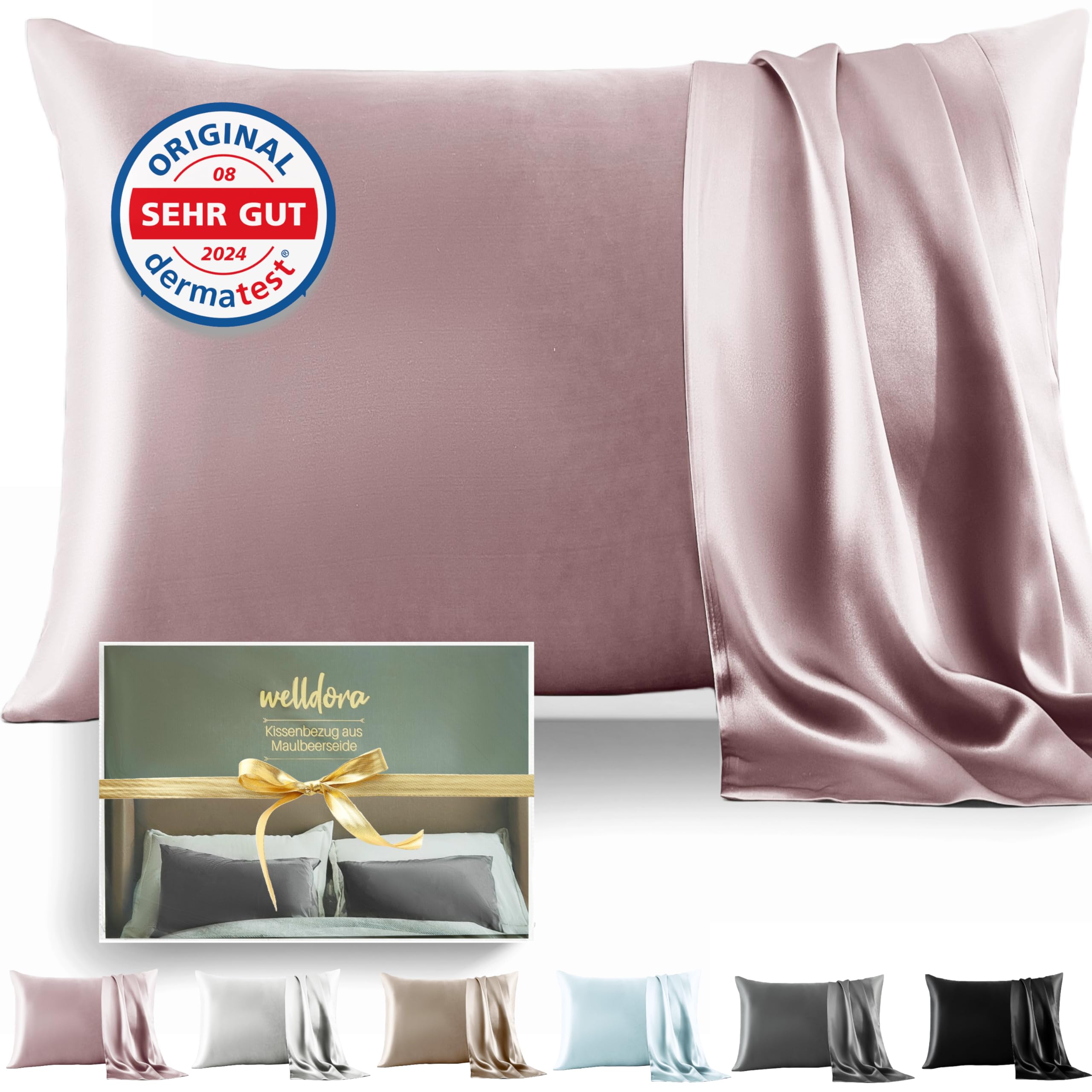 Welldora Kissenbezug aus 100% Seide 40x80 | Hohes Gewicht: 22 Momme, ideal für Haut und Haar | Höchste Güteklasse 6A | Oeko-Tex zert. in der Schweiz | Seidenkissenbezug Silk Pillowcase Zartrosa