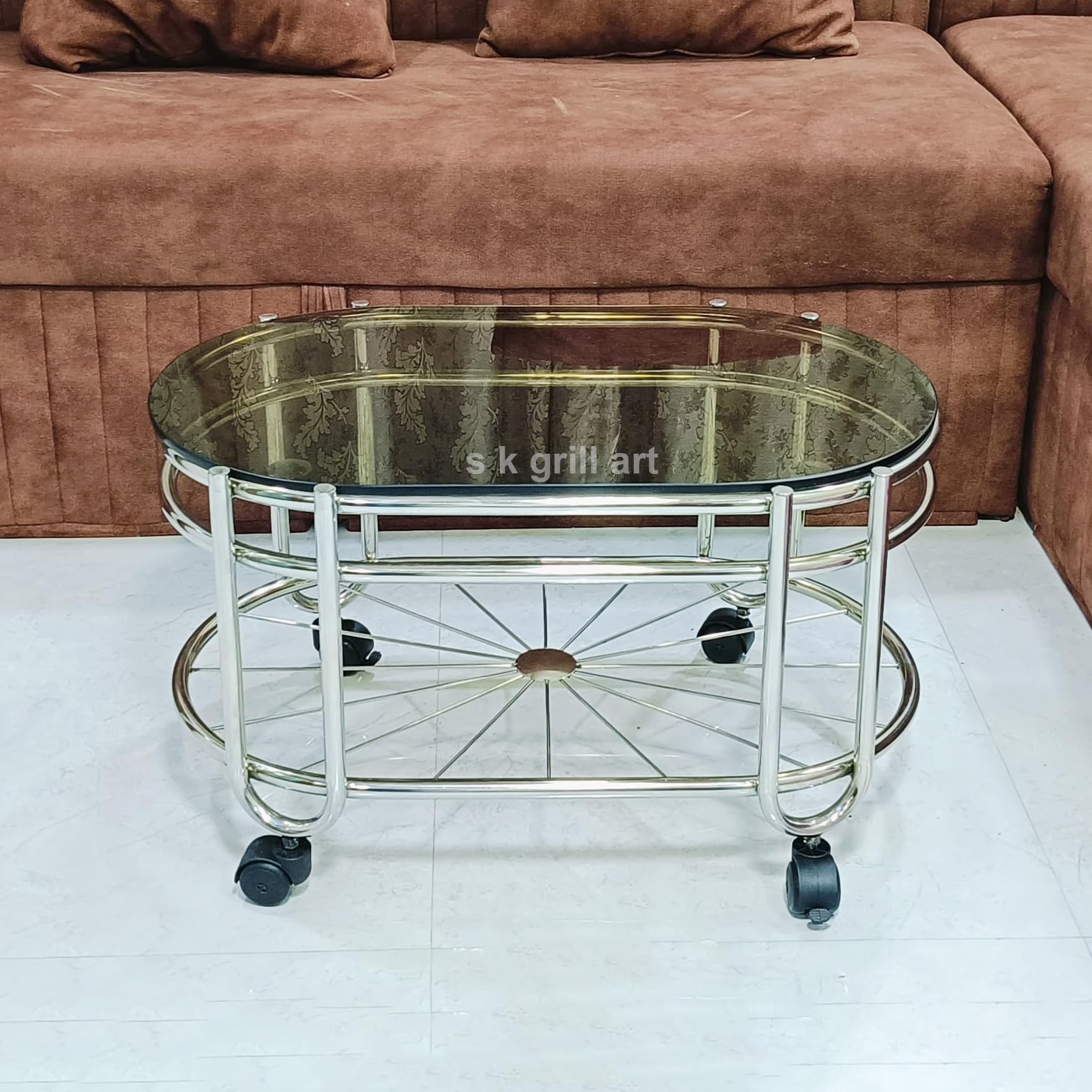 s k grill art Stylish Oval Center Table with Stainless Steel Frame & Brown Glass top. Durable, Easy to Clean, with Shelf & Wheels for Easy Movement. Perfect for Modern Living Rooms (1.5 x 2.5 feet)-image-43