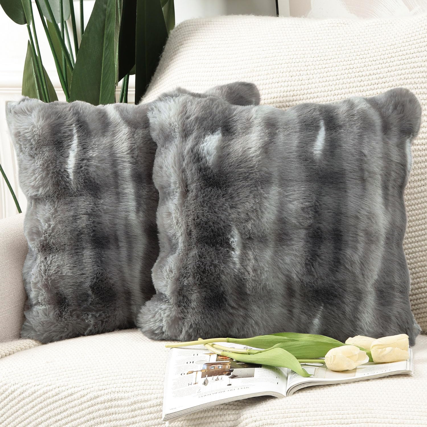 Madizz Pack of 2 Thick Plush Faux Wool Cushion Covers 55x55 cm Dark Grey Soft Neutral Decorative Throw Pillow Covers Accent Boho Pillowcases for Couch Sofa Bedroom Pillow Shell — image 1