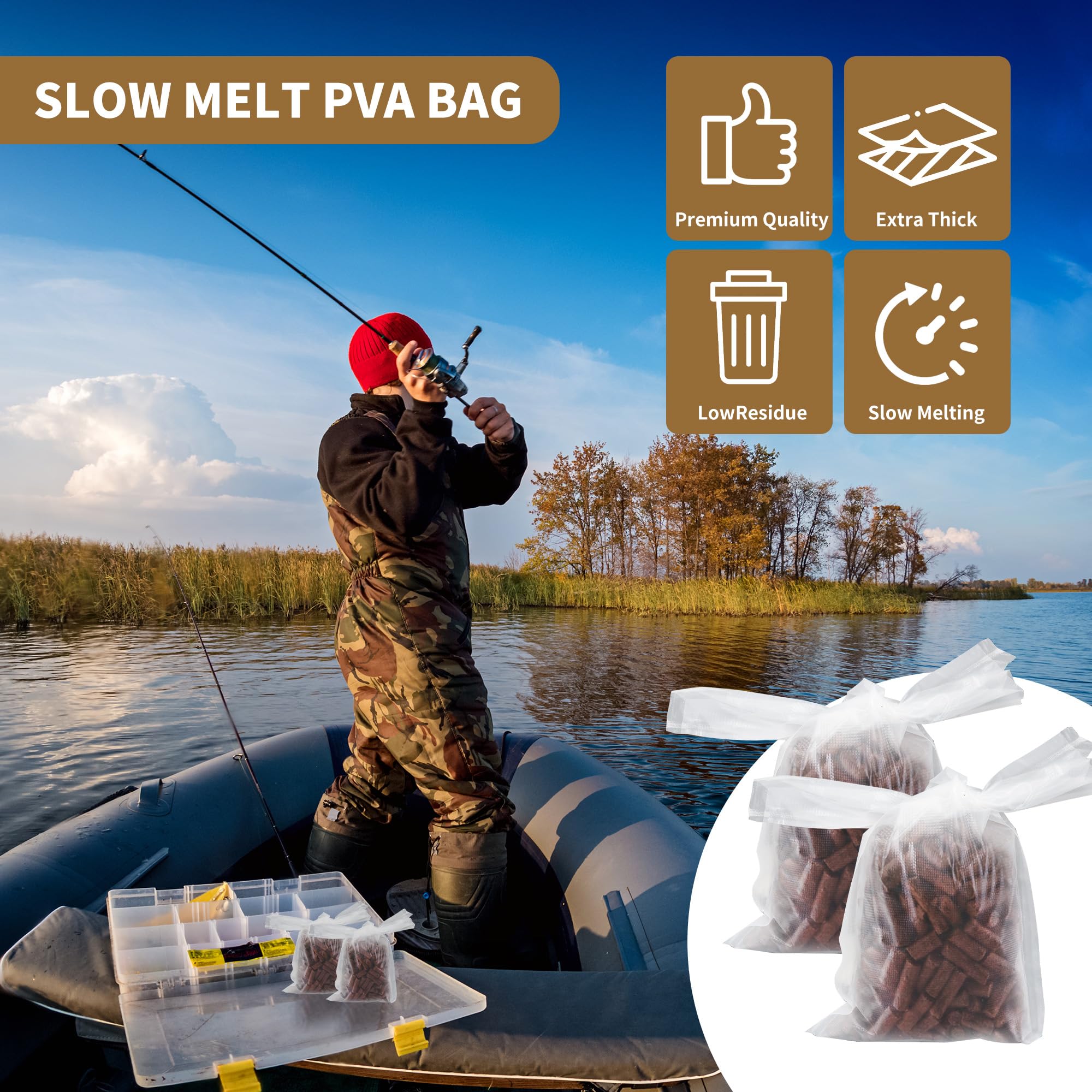 Lot de 500 sacs en maille PVA solubles dans l'eau pour pêche à la carpe, accessoires solides pour pêche à la carpe et bouillettes 7 x 14 cm