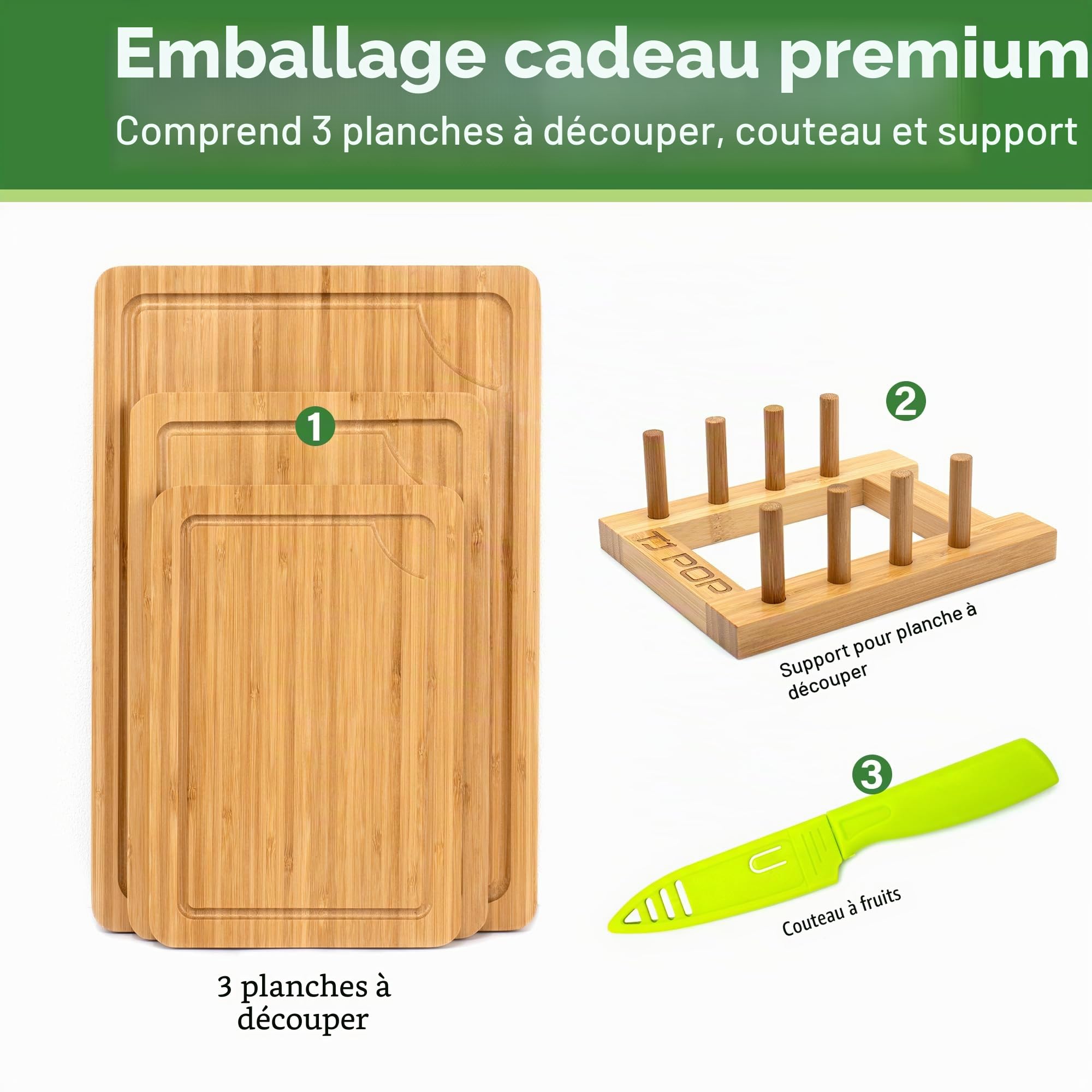 Lot de 3 Planches à Découper en Bambou | Avec bac à jus et Poignée, Disponible en Trois Tailles (S, M, L), avec Support et Couteau à Fruits