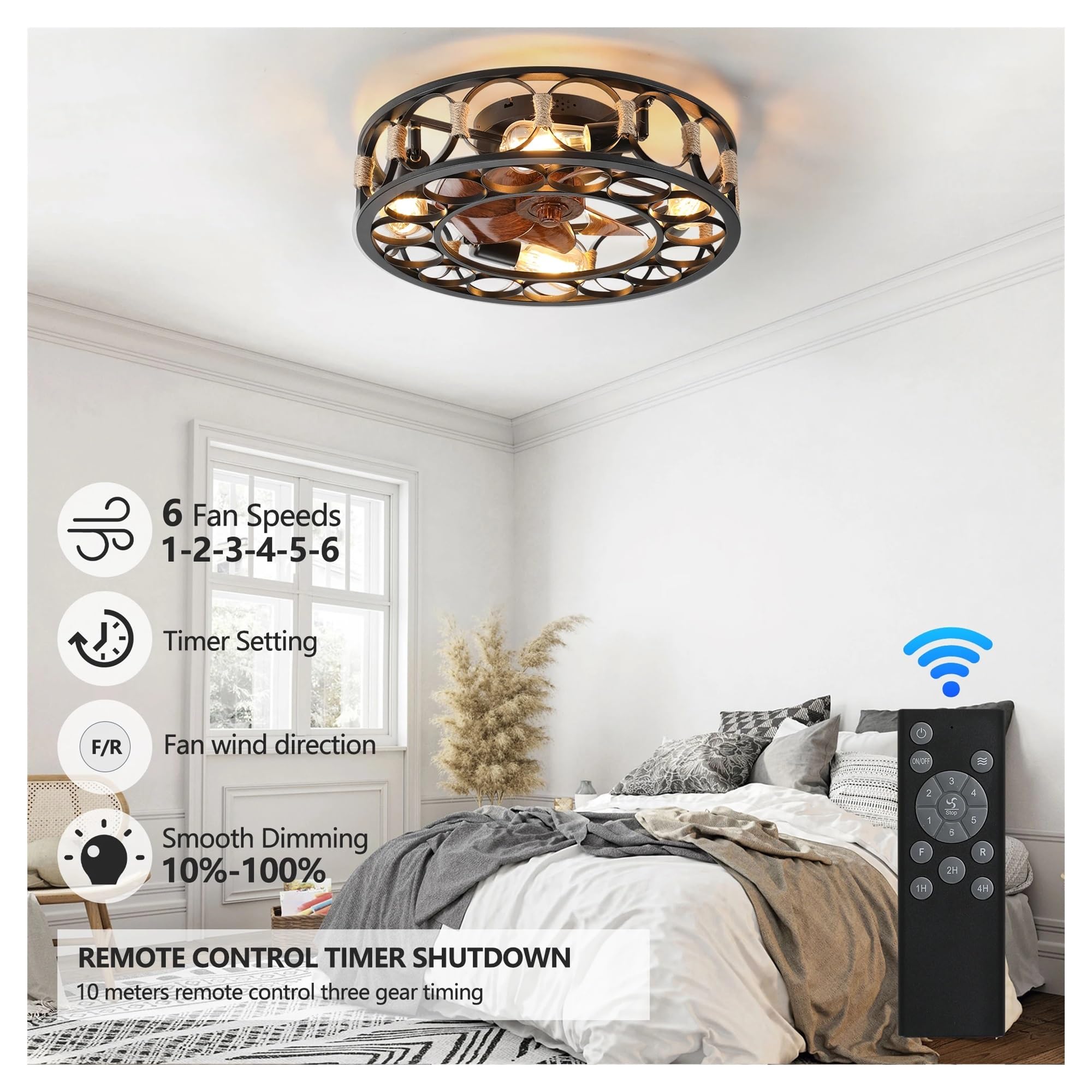 Genérico ARLGSITE Ventilador de techo enjaulado negro con luces y control remoto, ventiladores granja, aspas reversibles 6 velocidades, 5 bombillas incluidas