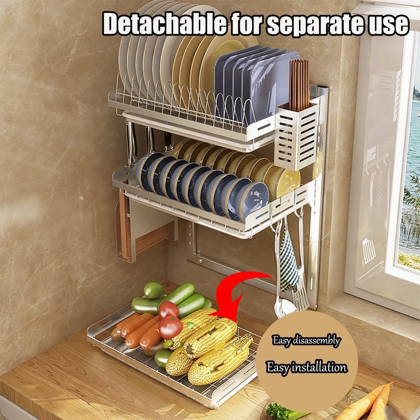 Escurreplatos de pared de 2/3 niveles, extra grande escurridor de platos | Escurreplatos grandes multifuncionales for encimera de cocina