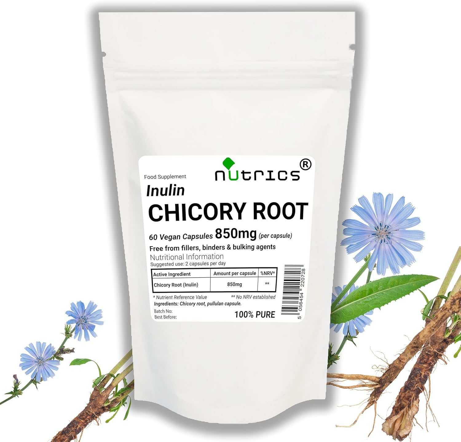 Chicory Root 850mg X 60 V Capsules Prebiotic Fibre Inulin – No Fillers Binders or Bulking Agents – 100% Pure – Suitable for Vegan Vegetarian Diet