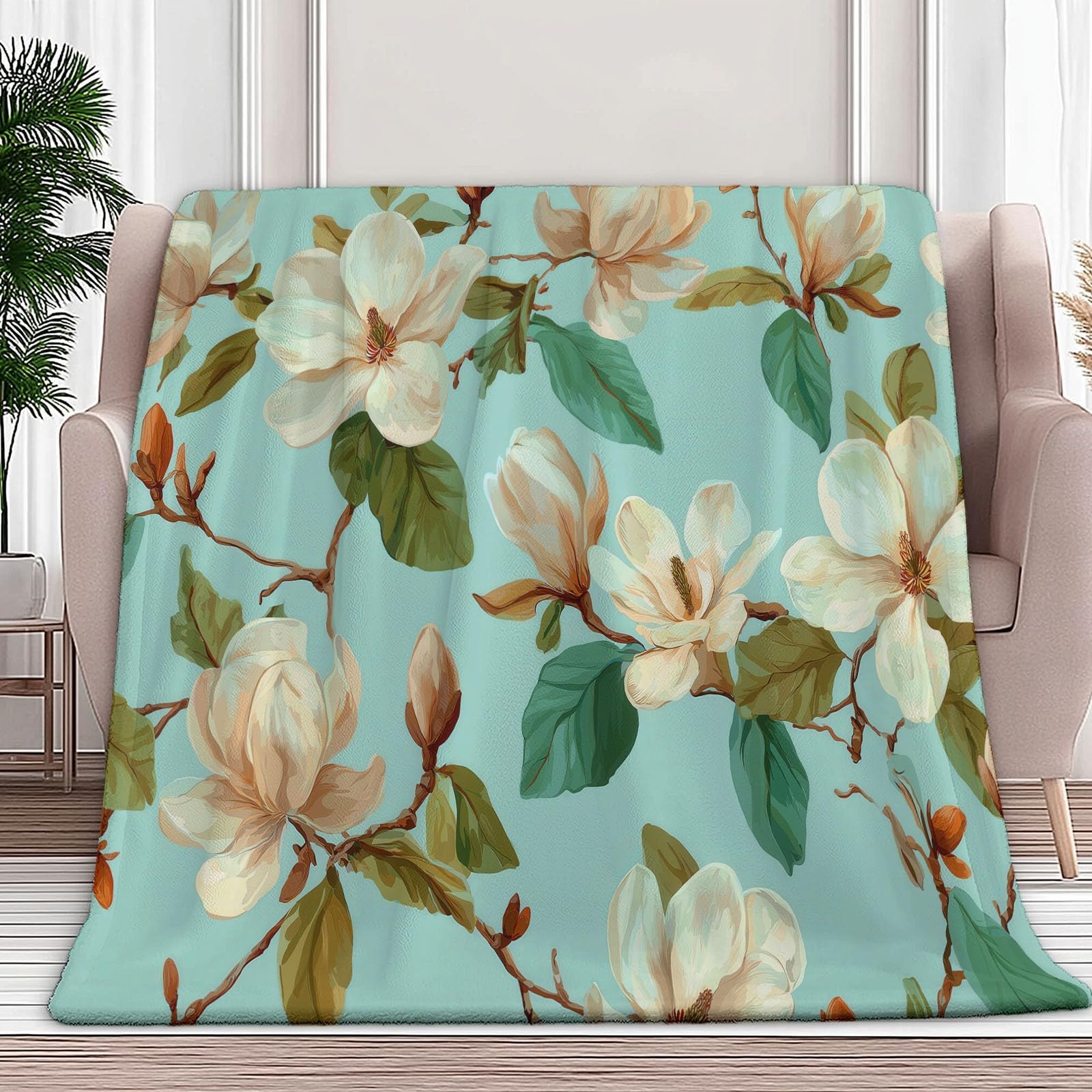 Coperta in flanella, motivo magnolia in stile champagne, 150 x 200 cm, coperte in pile in microfibra pile per tutte le stagioni, per viaggi, divano per bambini, adulti, verde