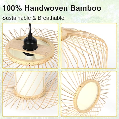 Miniatura 5 de Lámpara colgante de ratán enchufable, luces colgantes bohemias con pantalla tejida, regulable de 3 vías y ajuste de atenuador para sala de estar,