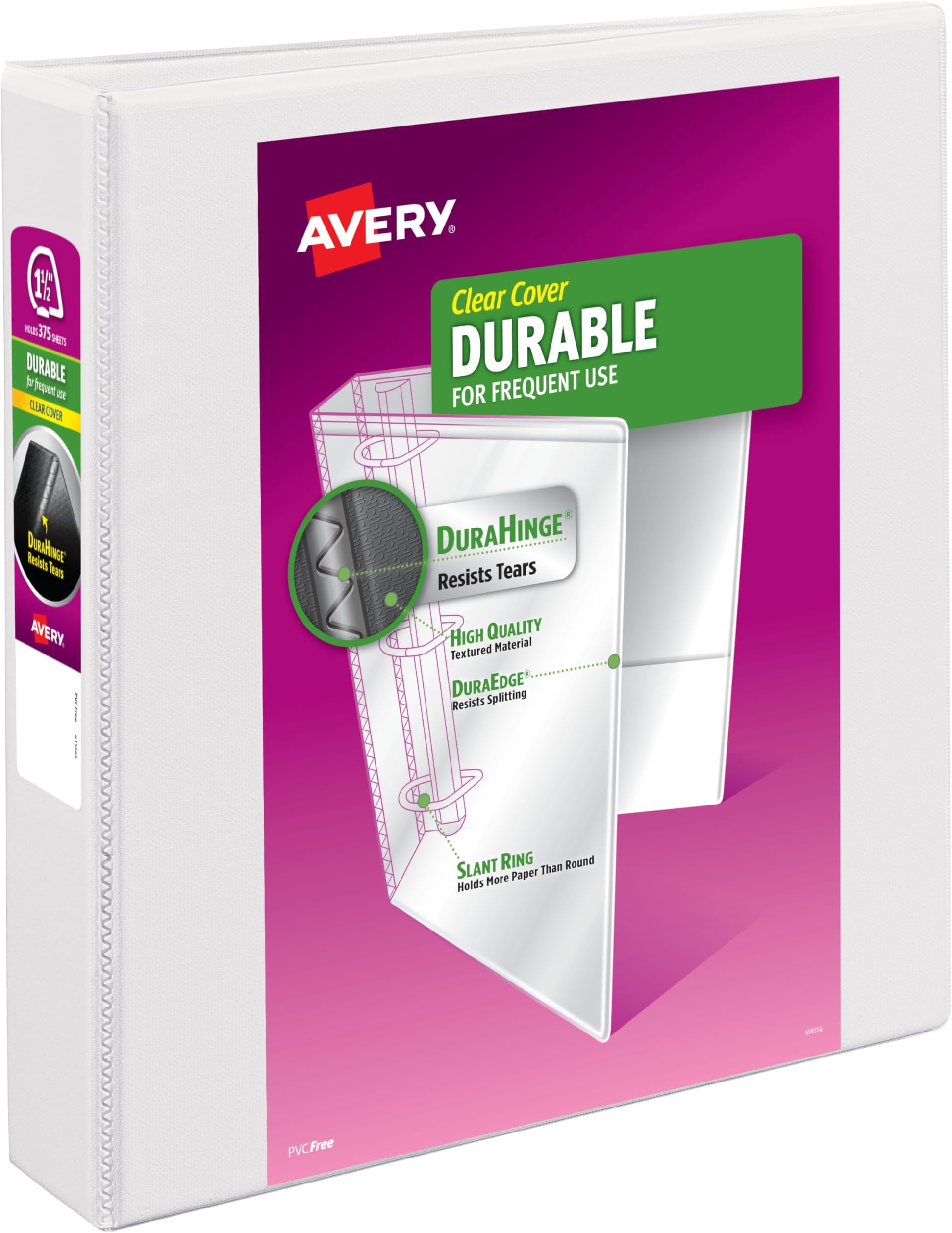Durable View 3 Ring Binder for Home, School Supplies, Office, or Organization Needs, 1.5" Slant Ring, 1 Pack White Binder. (17022)