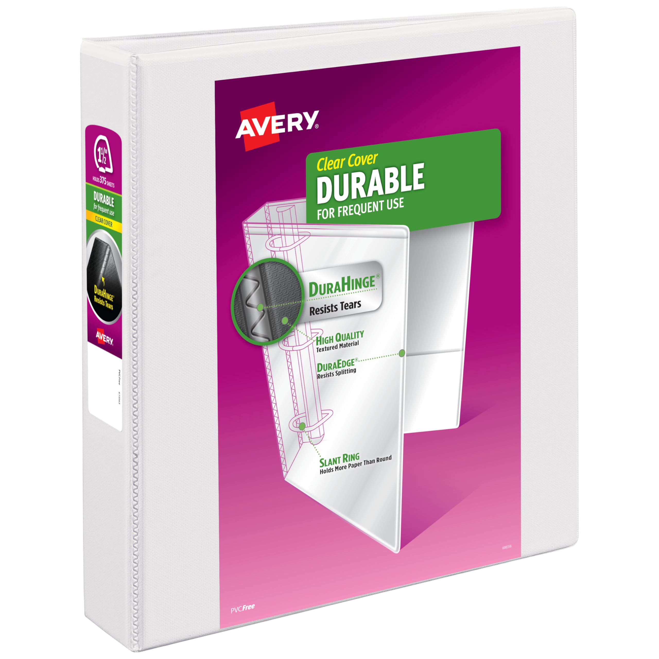 Avery Durable View 3 Ring Binder for Home, School Supplies, Office, or Organization Needs, 1.5" Slant Ring, 1 Pack White Binder. (17022)