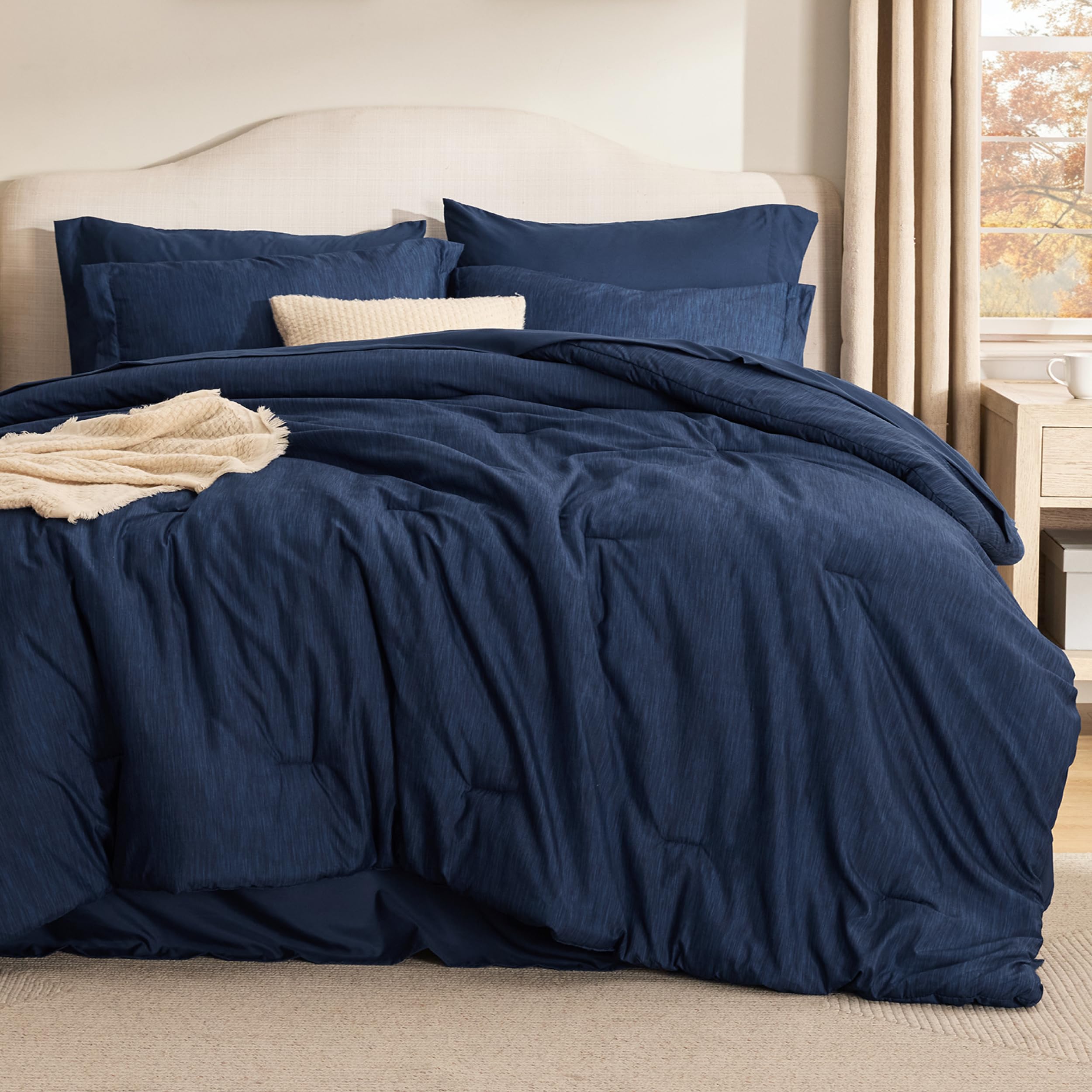 Bedsure Queen Comforter Set Navy - Bed in a Bag Queen Size 7 Pieces, Cationic Dyed Bed Set Gift for Family, Soft Bedding for All Seasons Comforter with Sheets, Pillowcases &amp; Shams