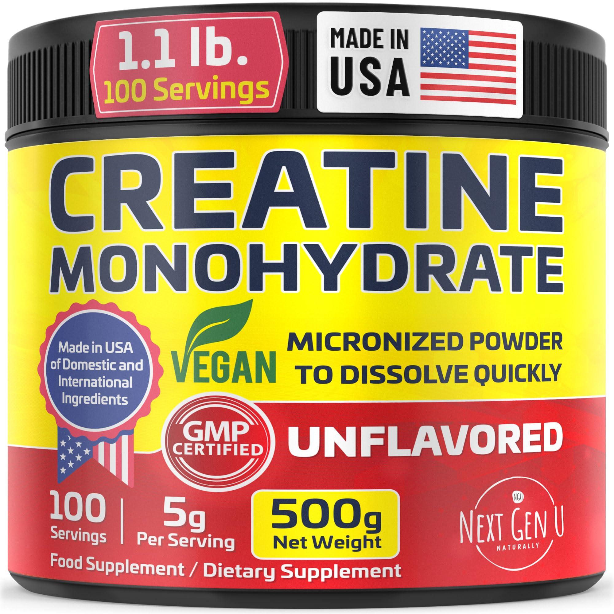 Vegan Creatine Monohydrate Powder, 5000 mg per Serving, 500g / 1.1 lb