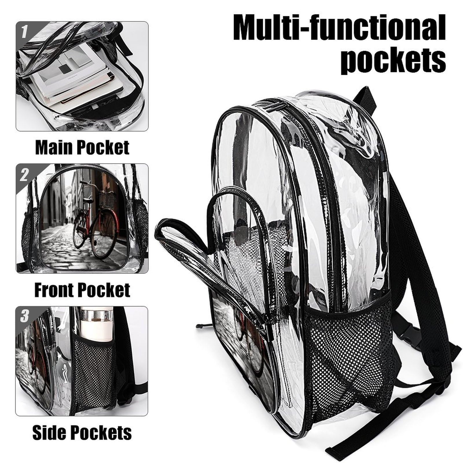 Street Bicycle Transparenter Rucksack, groß, transparent, PVC, Büchertasche für Sicherheit, Arbeit, Reisen, Stadion