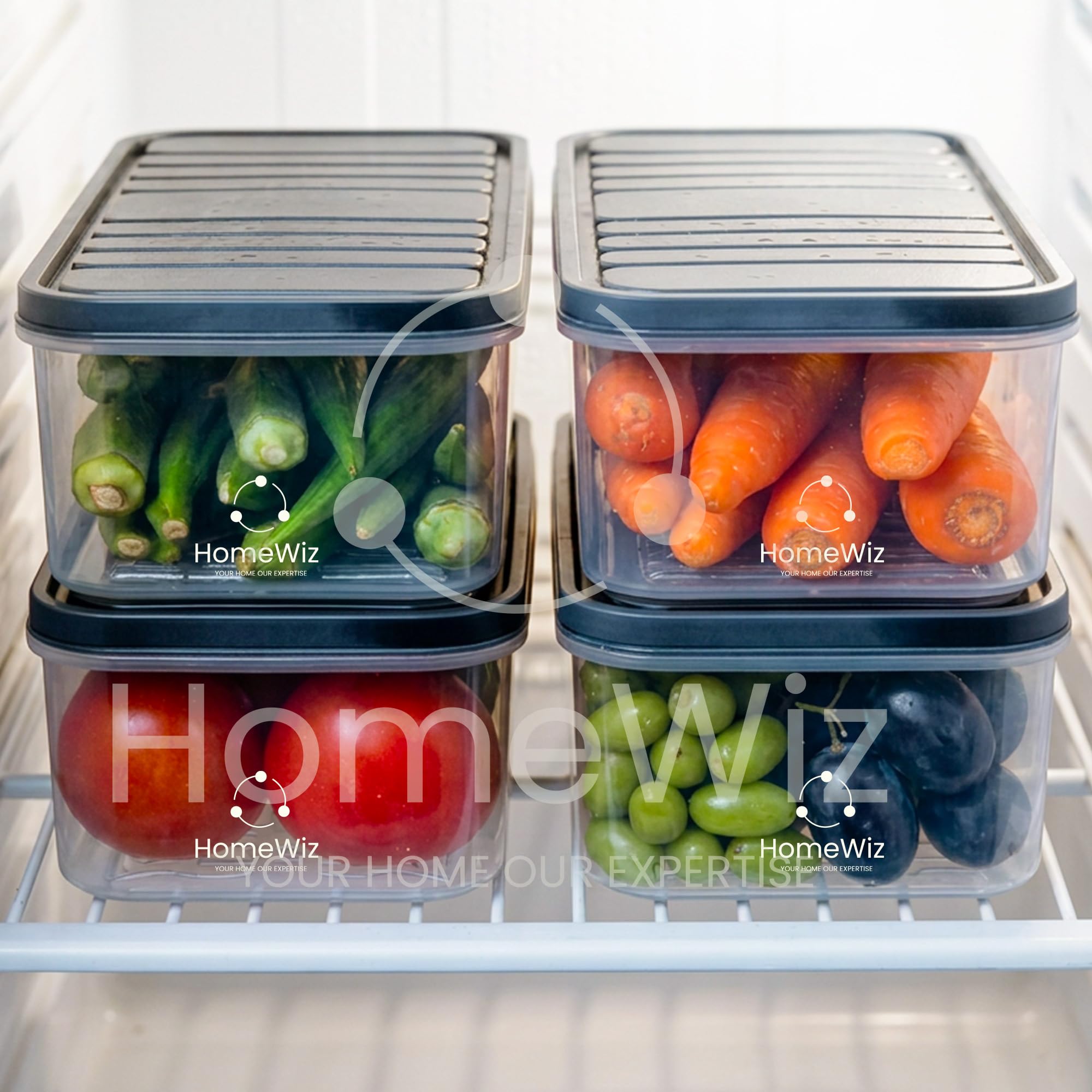HomeWiz Fridge Storage Containers 1200ml x4 | Air Tight Storage Container Set | Fridge Organiser Storage Boxes |Food Grade BPA-Free Plastic Containers |Stackable, Transparent, for Fruits & Vegetables