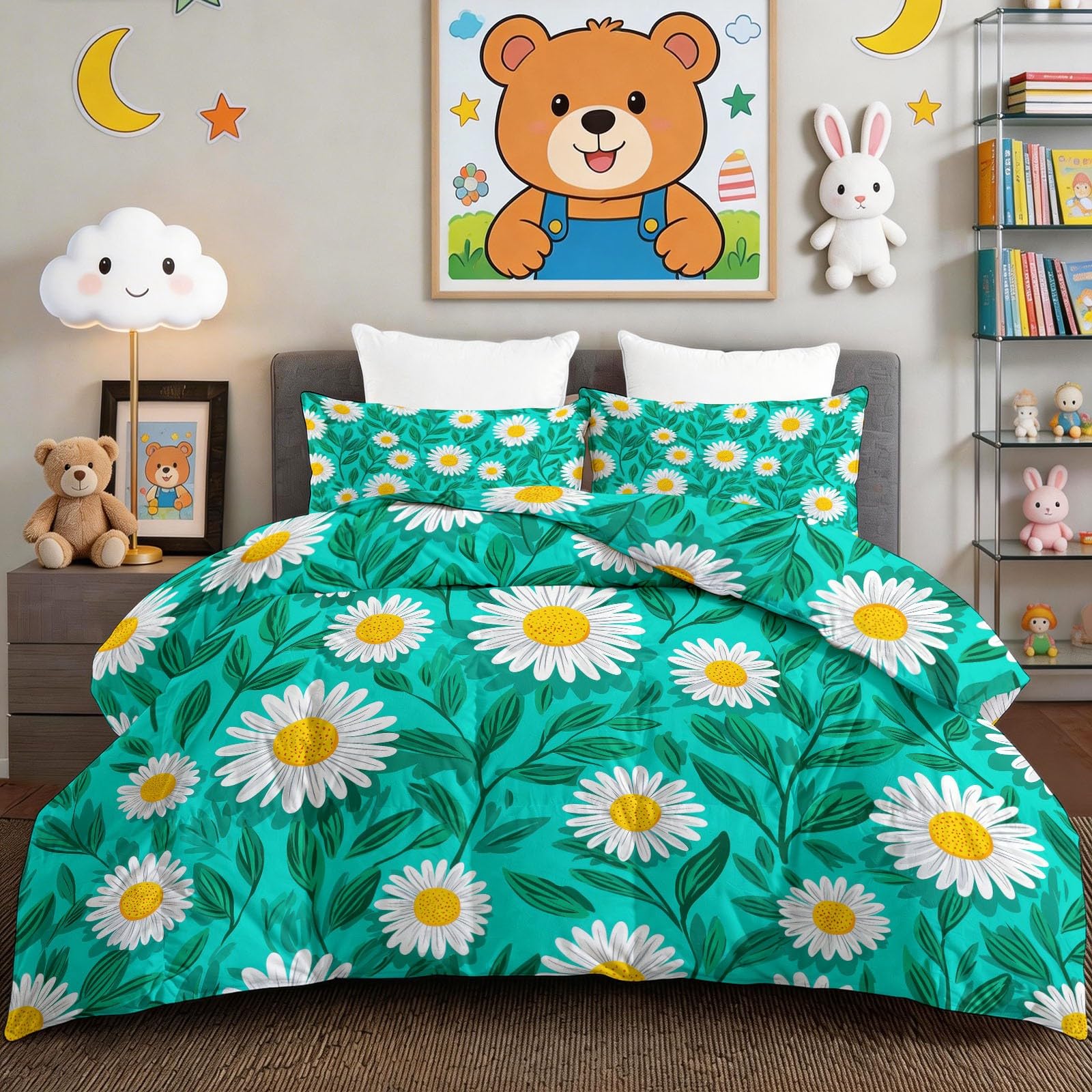 Generisch Bettdecke ohne Bezug 135 x 200 cm Set mit 2 Kissenbezügen, Ganzjahresdecke Waschbare Steppdecke, 3-teilige Botanisch Gänseblümchen Blume Wendebettdecke beidseitig identisch, Dunkelgrün