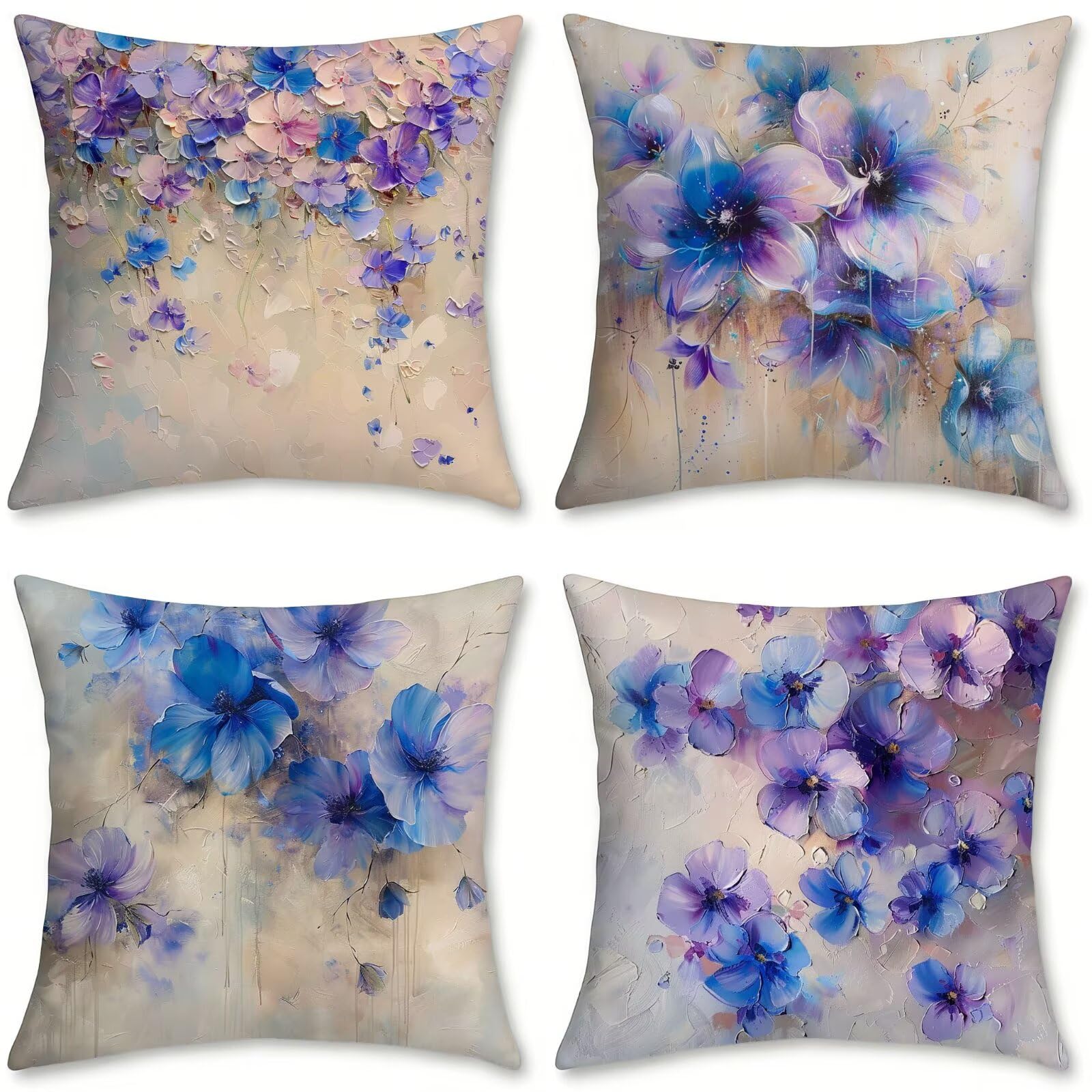 Coussin canapé bleu et violet en lin imperméable 50x50 cm | Lot de 4 housses