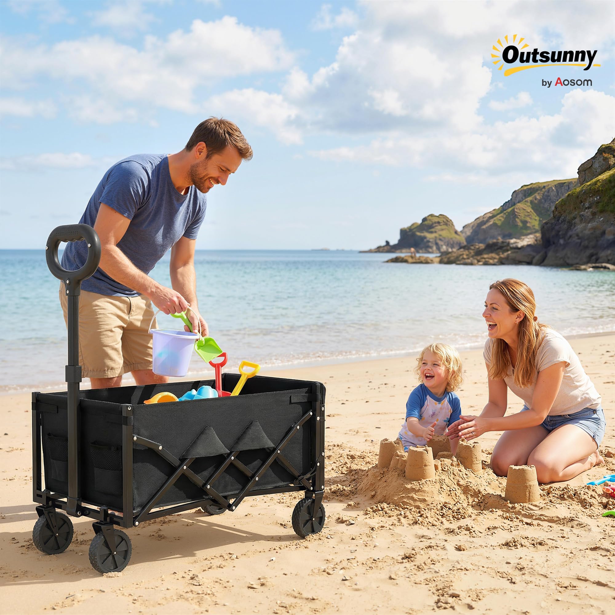 Outsunny Carrello da Giardino Pieghevole 60L, Carrello da Campeggio Portatile con Porta Frontale Apribile, Manico Regolabile e Supporto per Bicchieri, Ideale per Picnic, Pesca e Giardino, Nero
