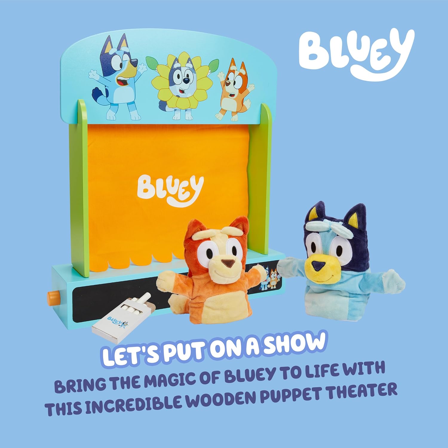 Bluey Wooden Puppet Theater for Kids Playset, 20" Kids Pretend Stage Puppets, Interchangeable Fabric Backdrops & Roll-Down Curtain