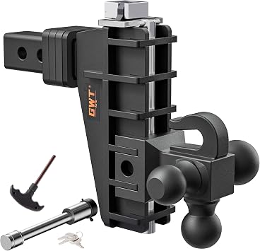 GWTAUTO Adjustable Trailer Hitch with Hook, Tri-Ball (1-7/8 x 2 x 2-5/16) Drop Hitch, Fits 2-Inch Receiver, 6 Inch Drop Hitch, 17000 LBS GTW Tow Hitch for Heavy Duty Truck, Solid Ball Mount