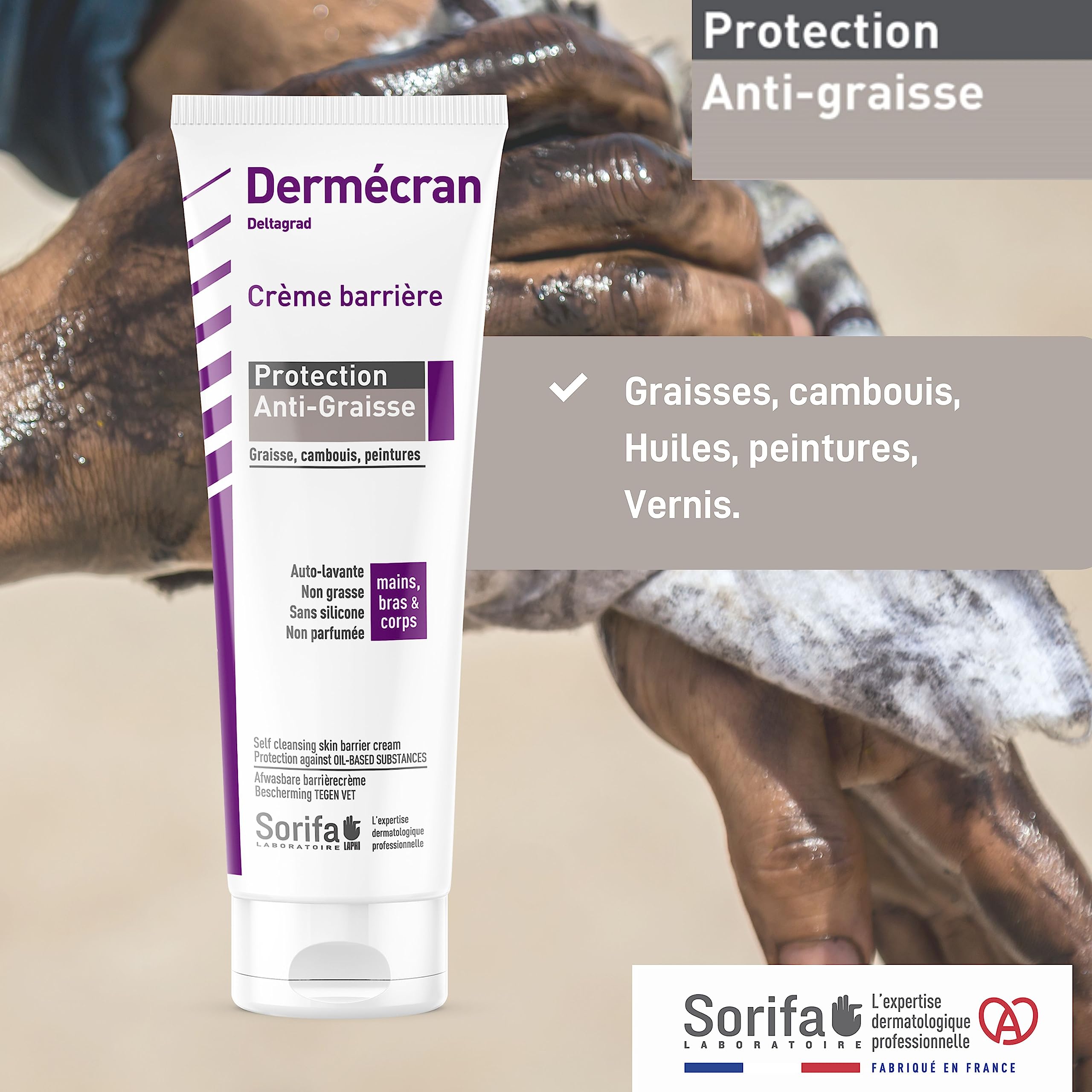 Set di 4 – Dermécran – Crema Barriera – Protezione anti grasso – Mani, braccia e corpo – Alta tolleranza – Senza profumo – Tubo da 125 ml.
