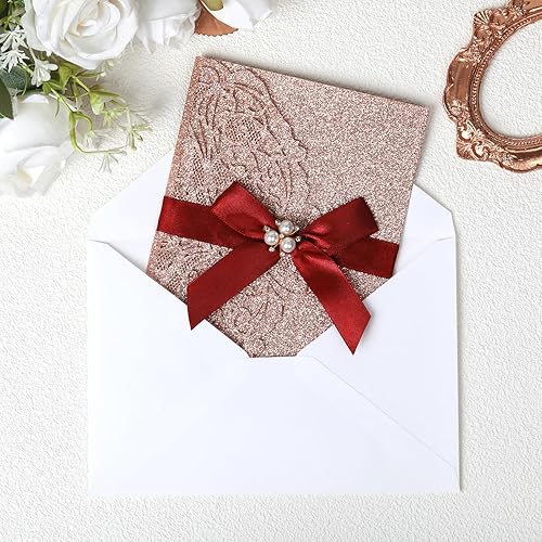 Miniatura 6 de 25 invitaciones de boda con purpurina de 250 GSM con tres pliegues con tarjetas de confirmación y sobres para boda, compromiso, despedida de