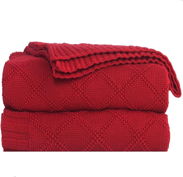 Knitted Throw Blanket 100% Cotton Home Bed Blanket,51x70 Inch Soft Cozy Lightweight Cable Knit Blanket Suitable for Sofa Couch Bed Chair Car Office Travel (Red, Diamond Pattern)