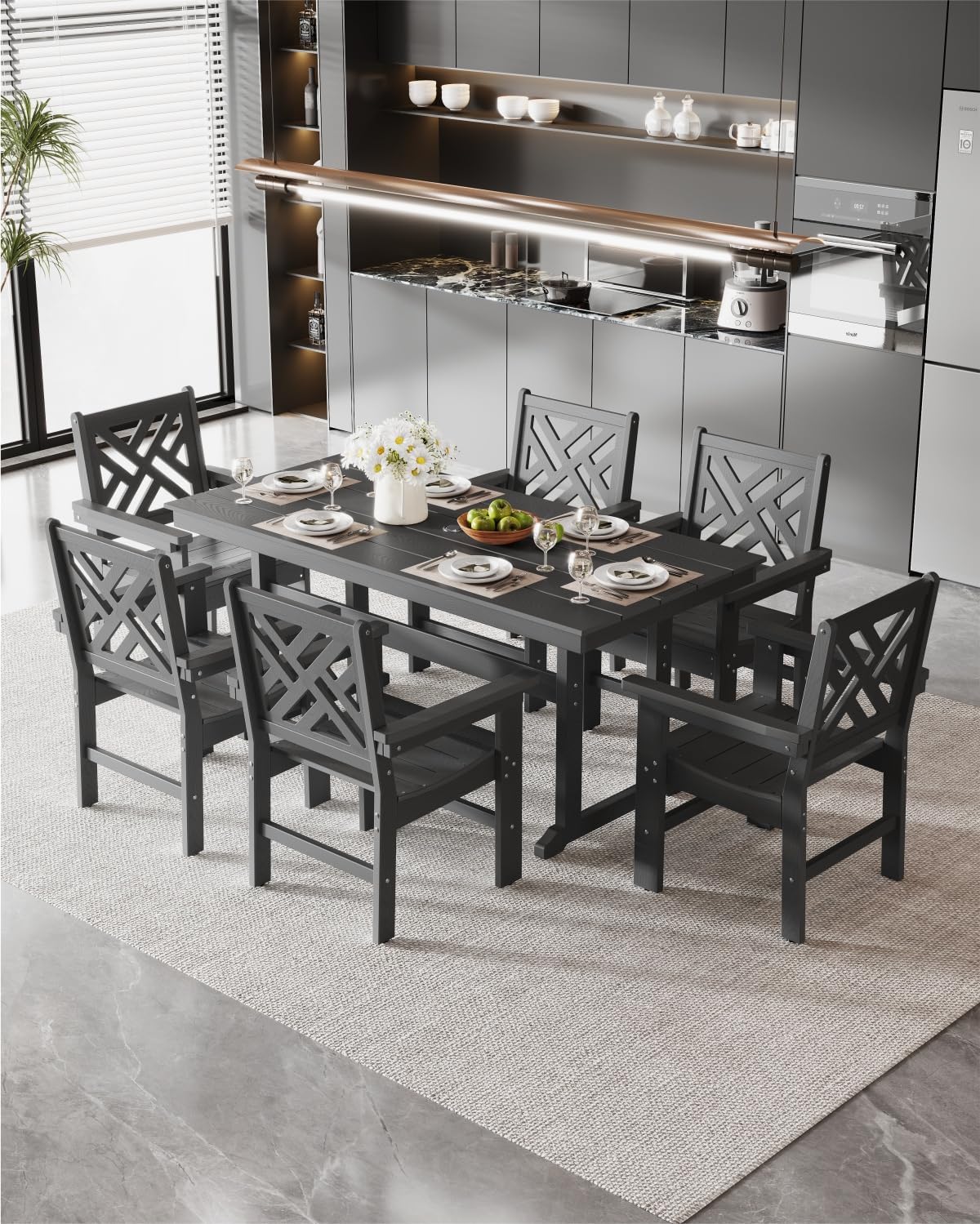 7-Piece Outdoor Dining Set, HDPE All-Weather Patio Table and Chairs Set for 6, Outdoor Patio Furniture Sets with Umbrella Hole for Outside, Deck, Backyard, Garden (Black)