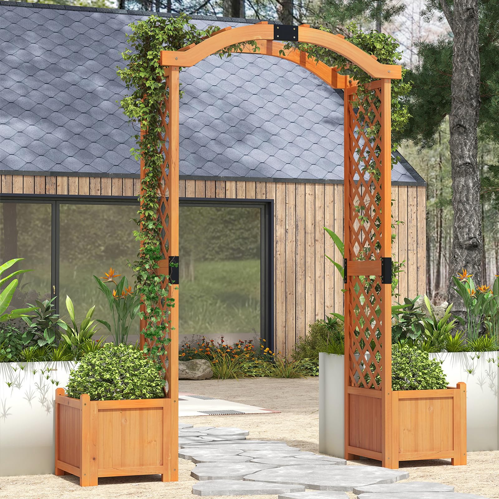 HOMASIS Arche Jardin Extérieur en Bois, Pergola Extérieur avec Jardinère, Treilli pour Plantes Grimpantes Fleurs, Légumes, Décoration de Patio Arrière-Cour (Jaune)